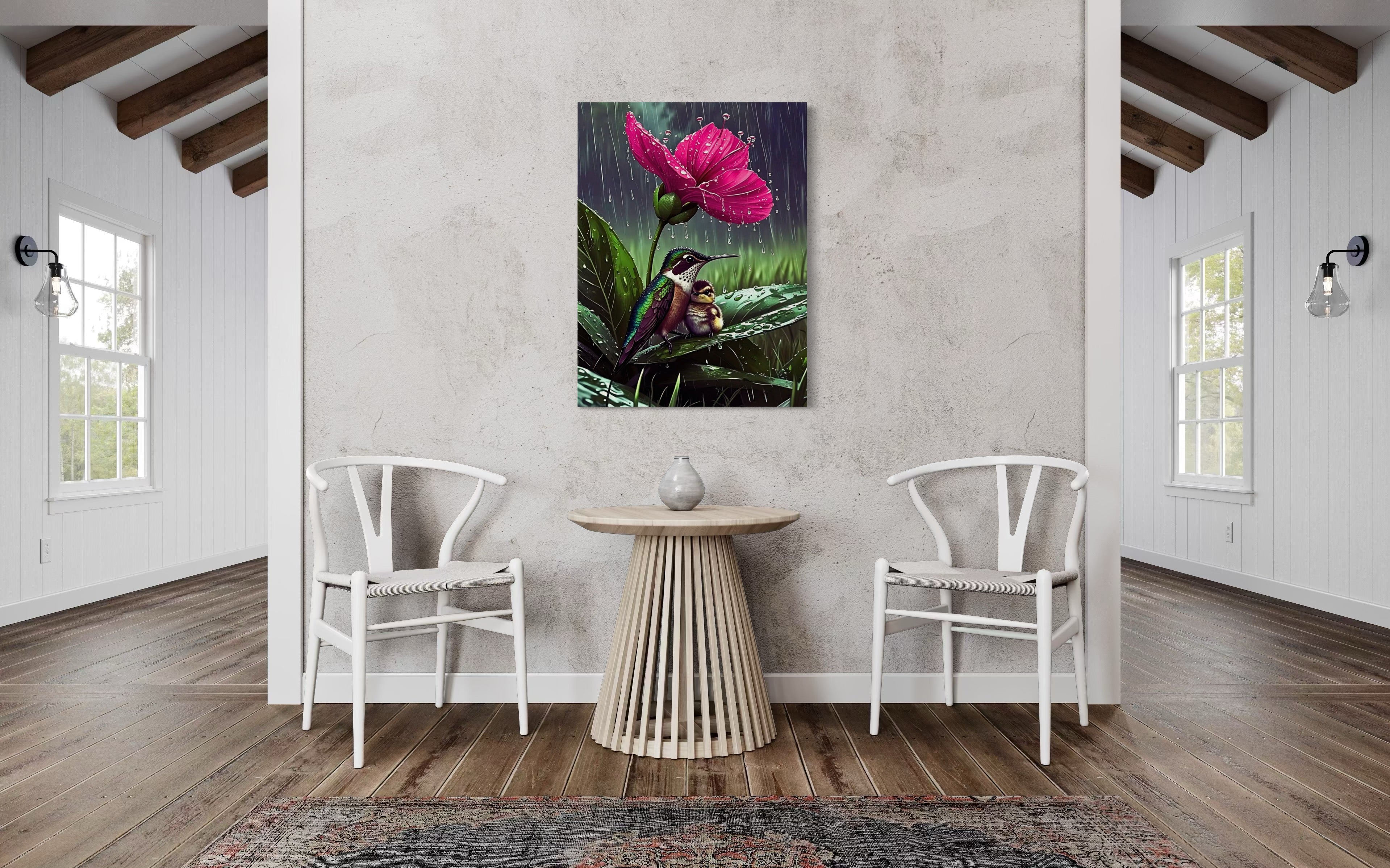 Hummingbirds in the Rain under a Flower