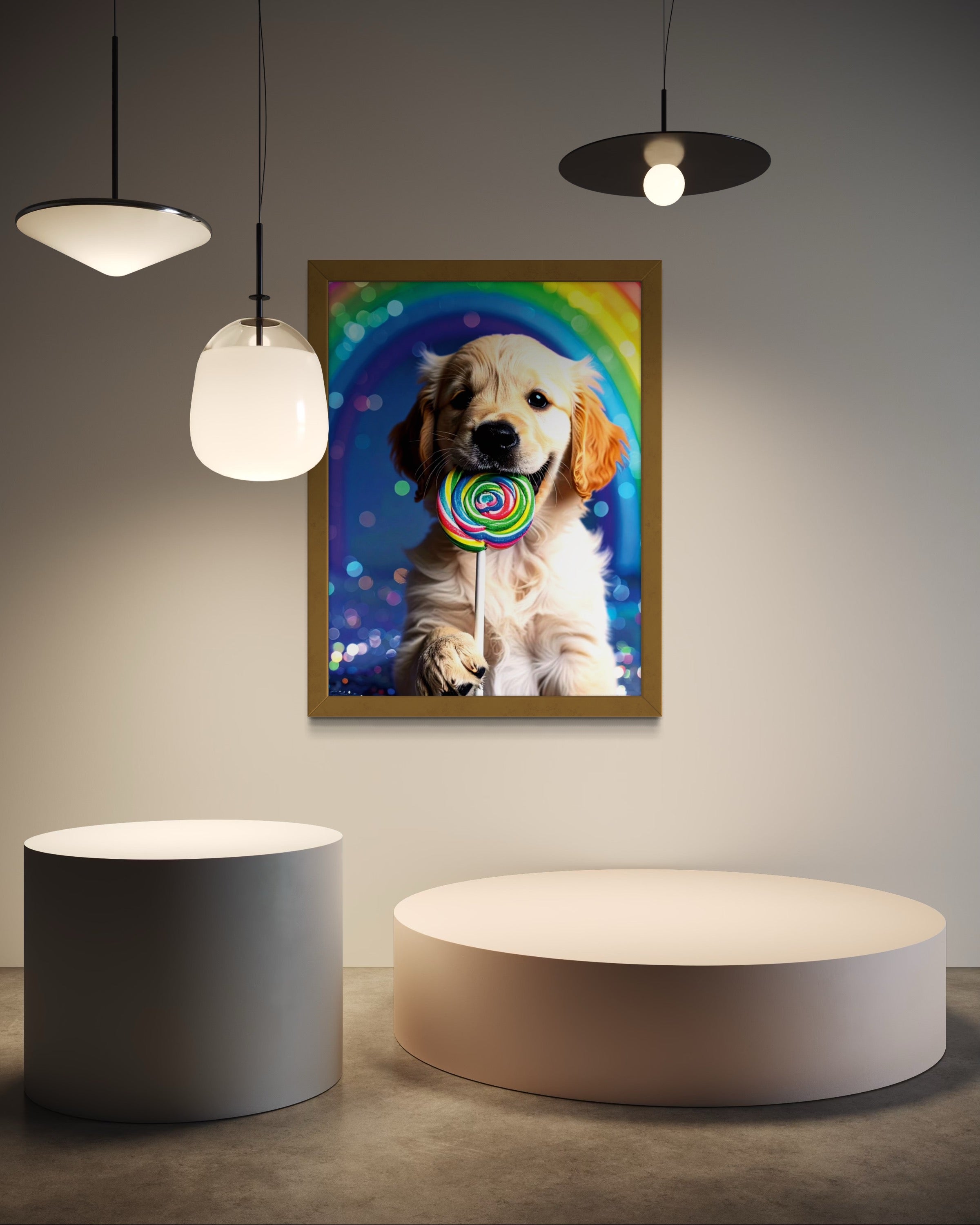 Golden Retriever Puppy with Rainbow Lollipop Museum Print