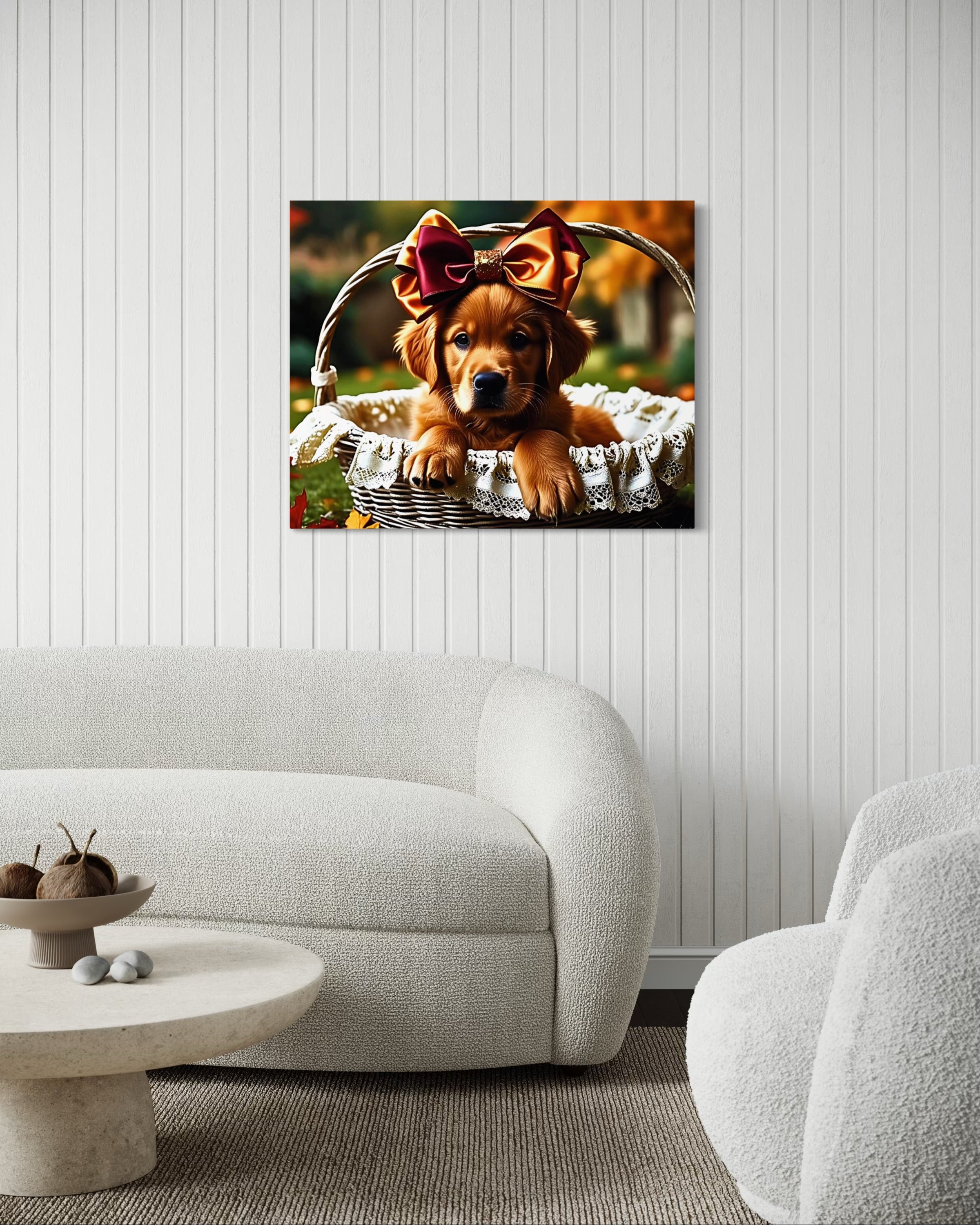 Autumn Golden Retriever Girl Puppy with a bow in a Basket