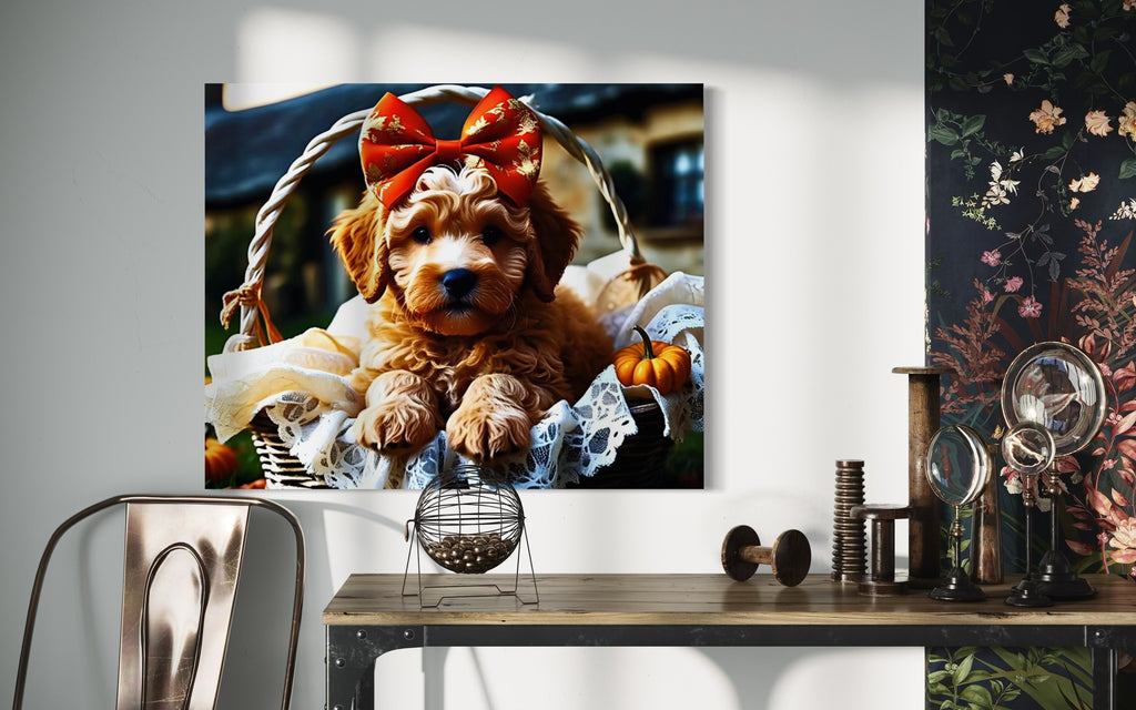 Autumn Goldendoodle Puppy with Bow in Basket
