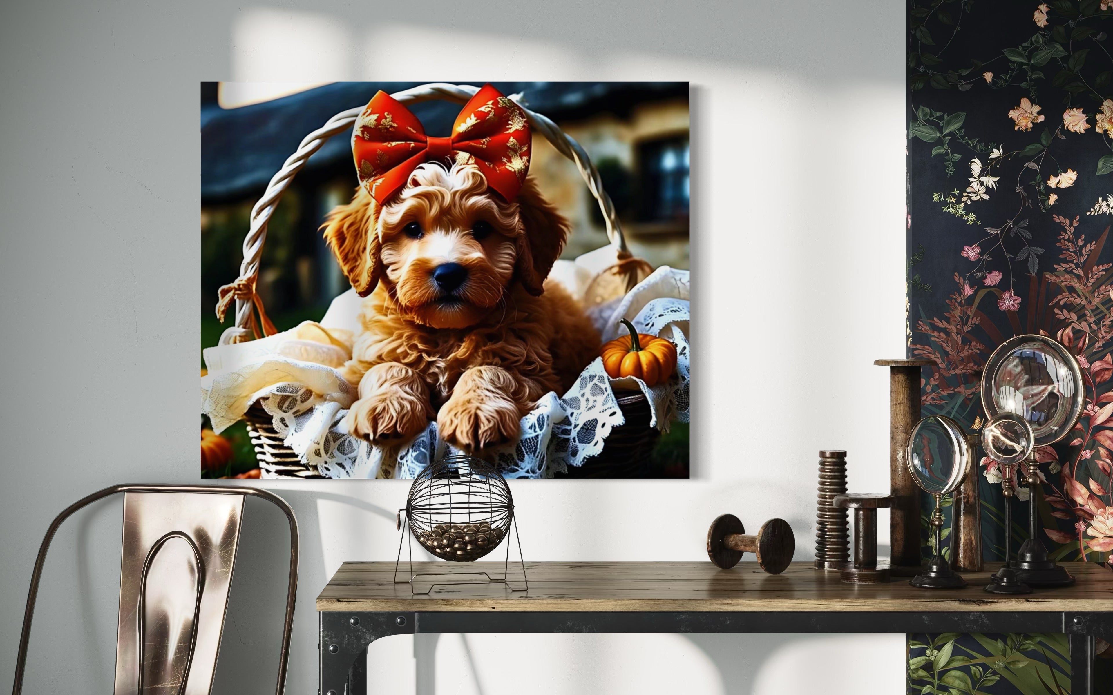 Autumn Goldendoodle Puppy with Bow in Basket