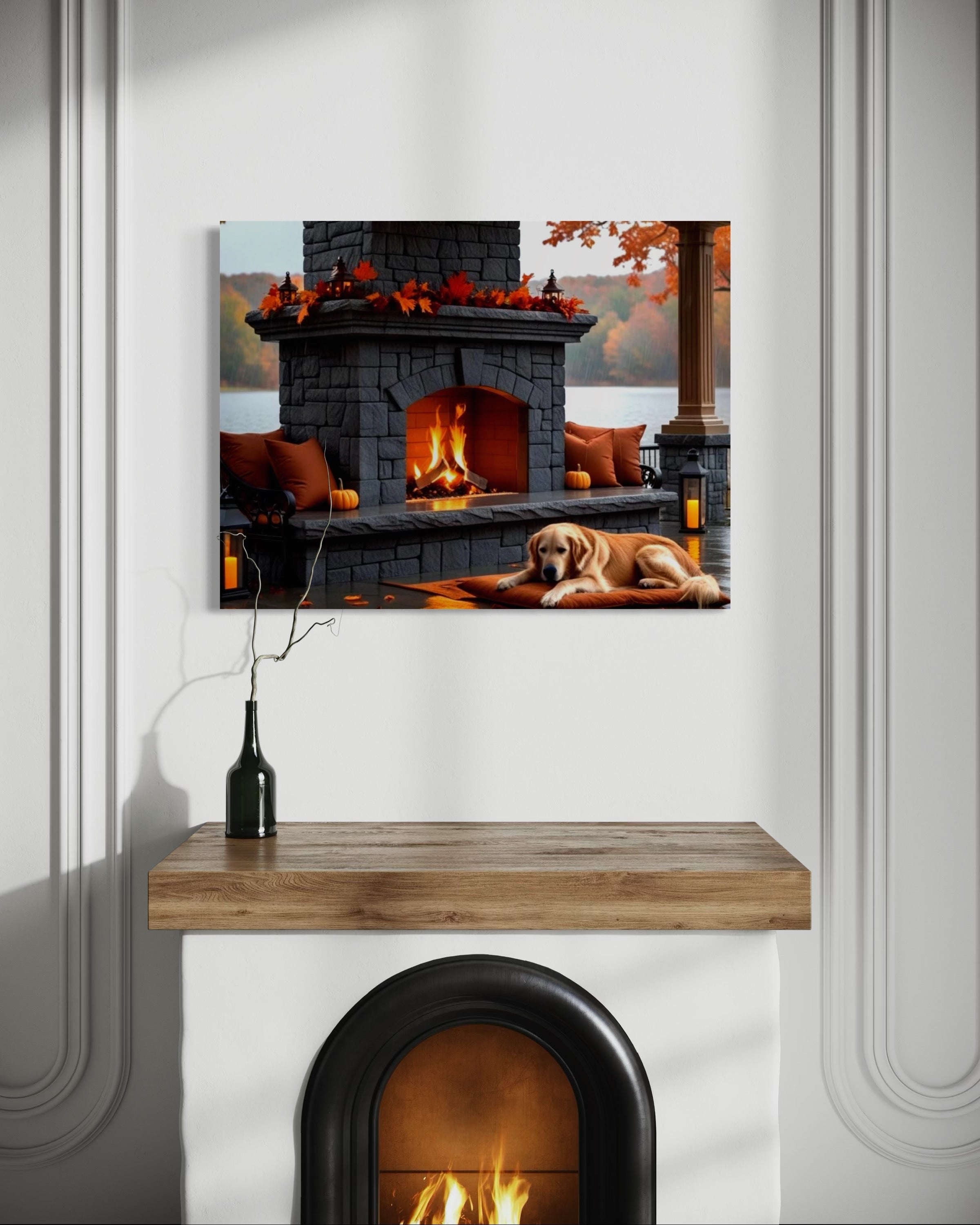 Fall fireplace on the Lake in the Rain