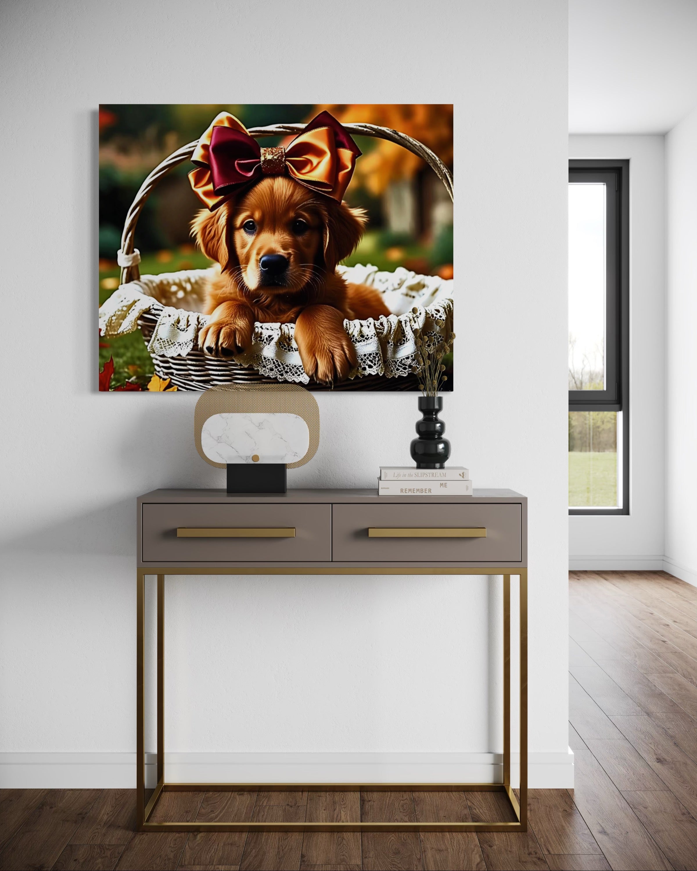 Autumn Golden Retriever Girl Puppy with a bow in a Basket
