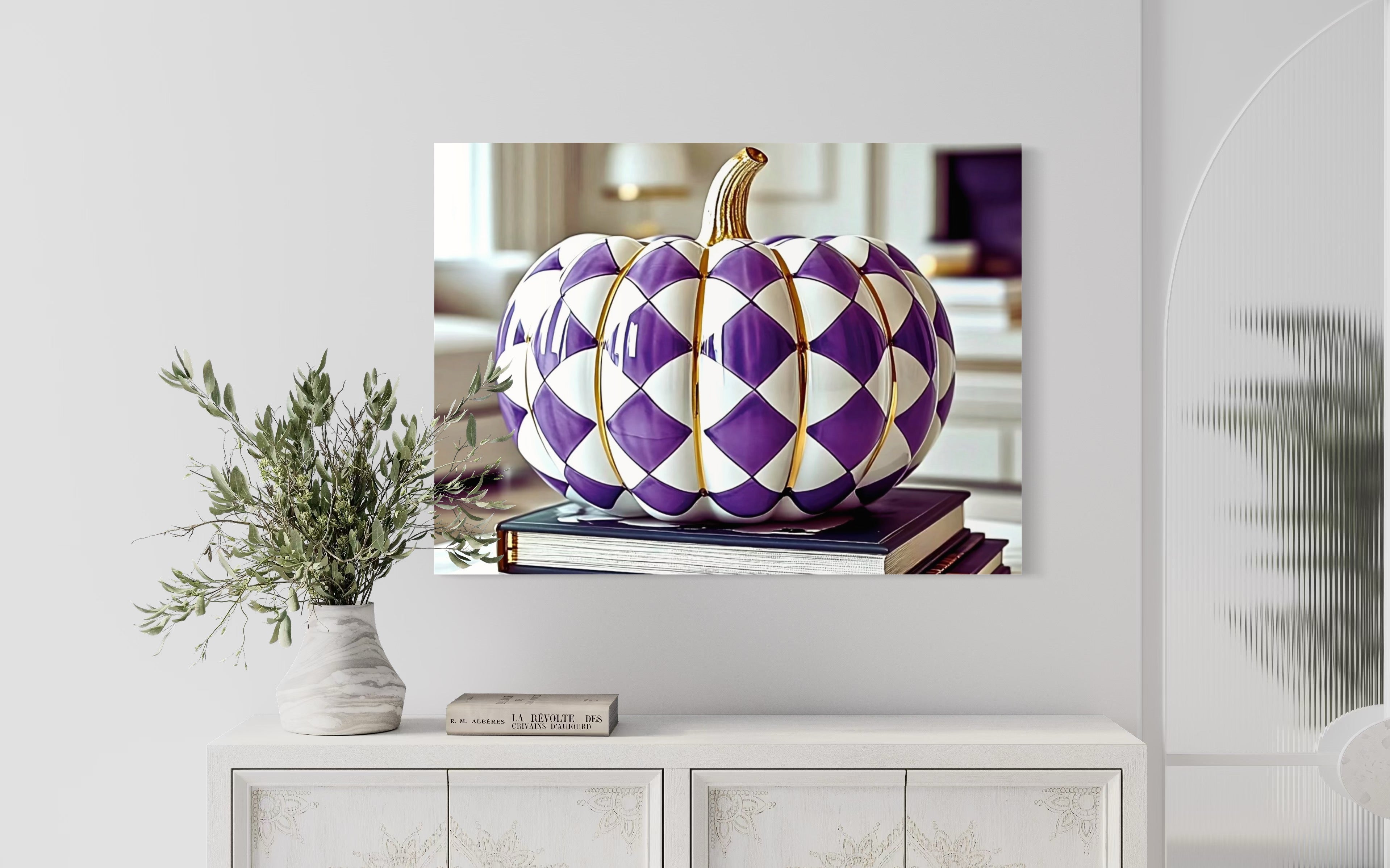 Purple and Gold Checkered Ceramic Pumpkin