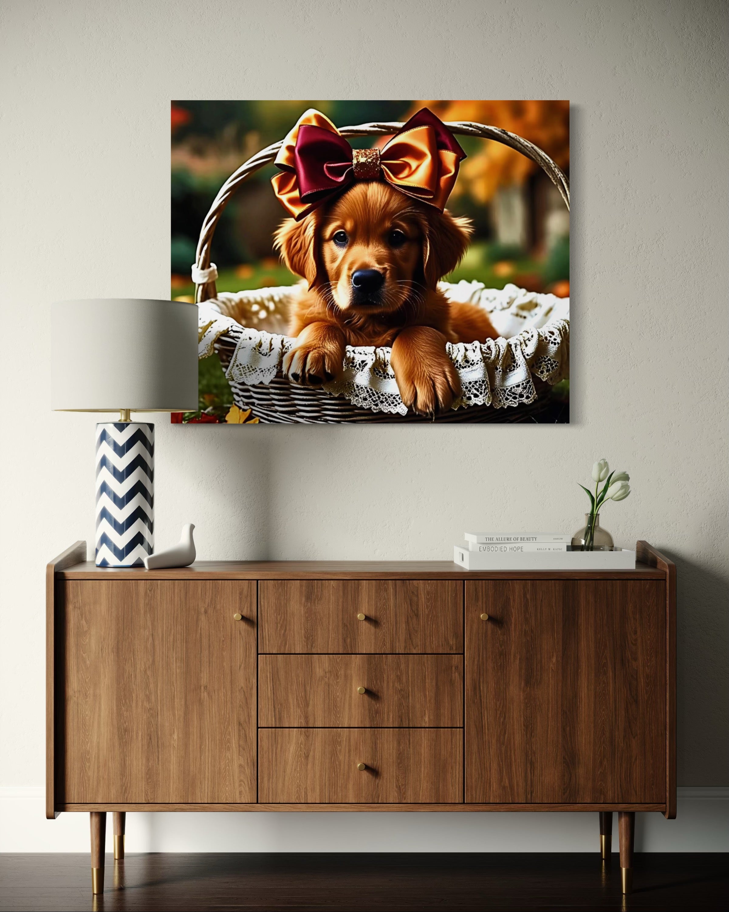 Autumn Golden Retriever Girl Puppy with a bow in a Basket