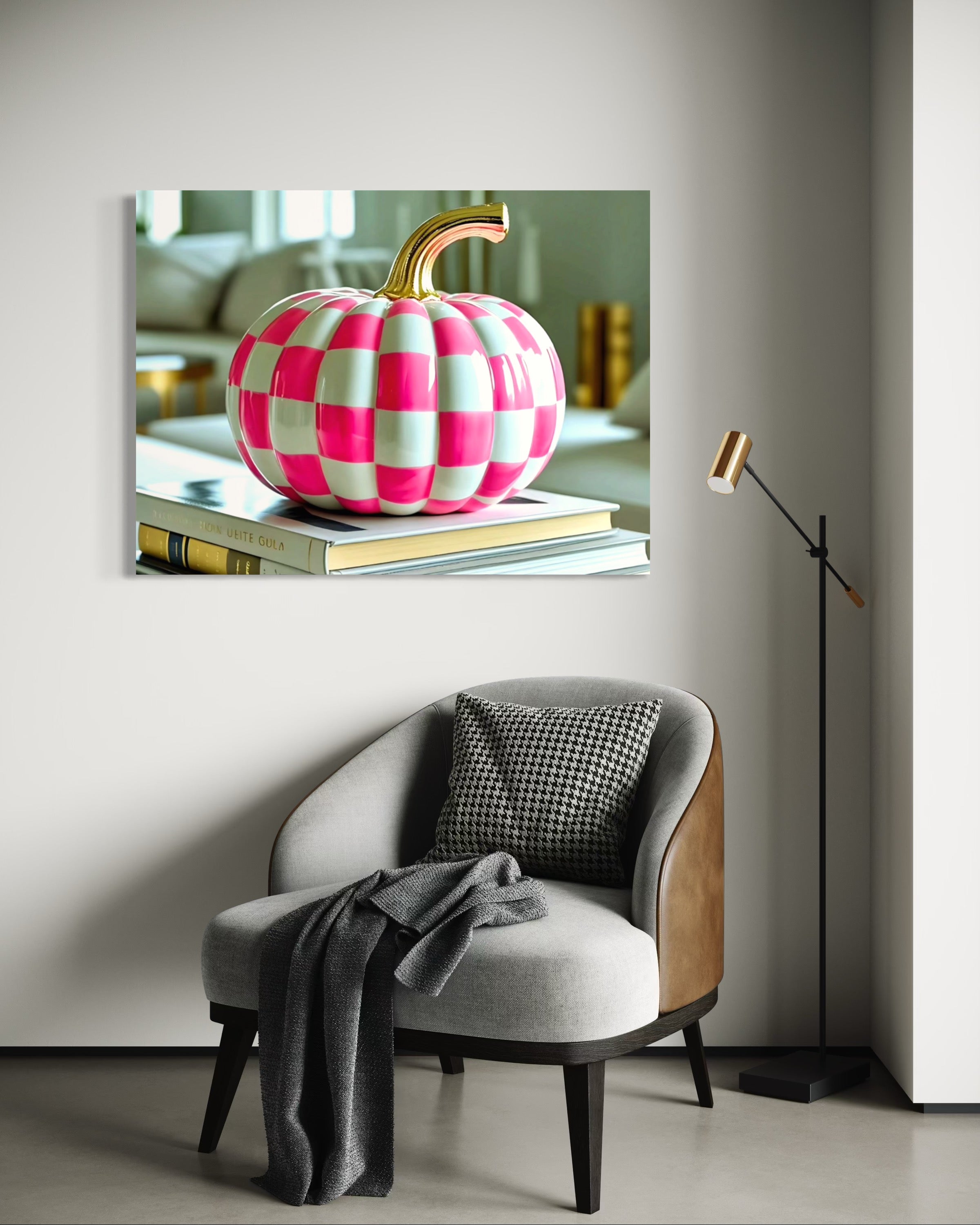 Pink and White Checkered Gold Stem Ceramic Pumpkin