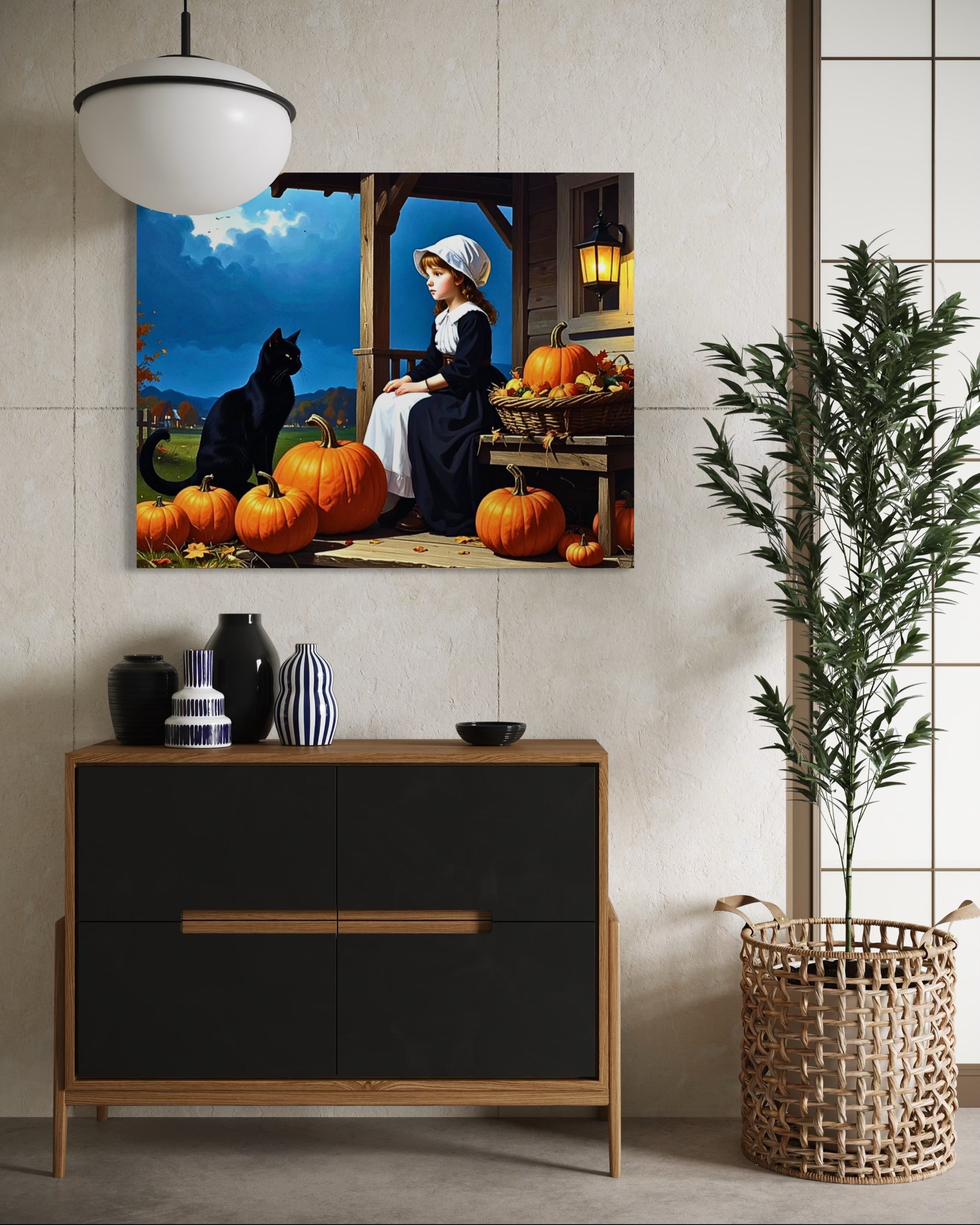 Little Pilgrim Girl with Cat and Pumpkins