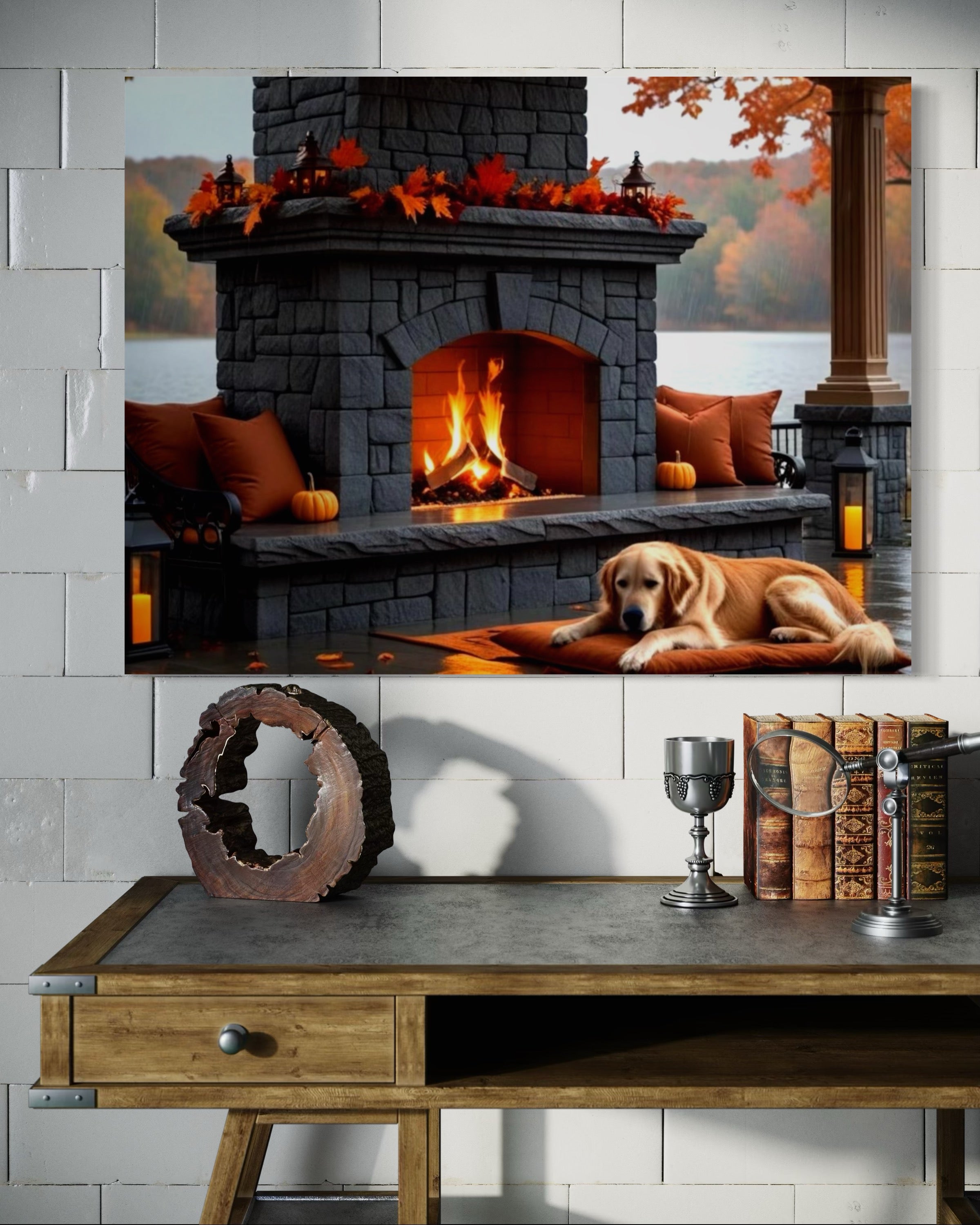Fall fireplace on the Lake in the Rain
