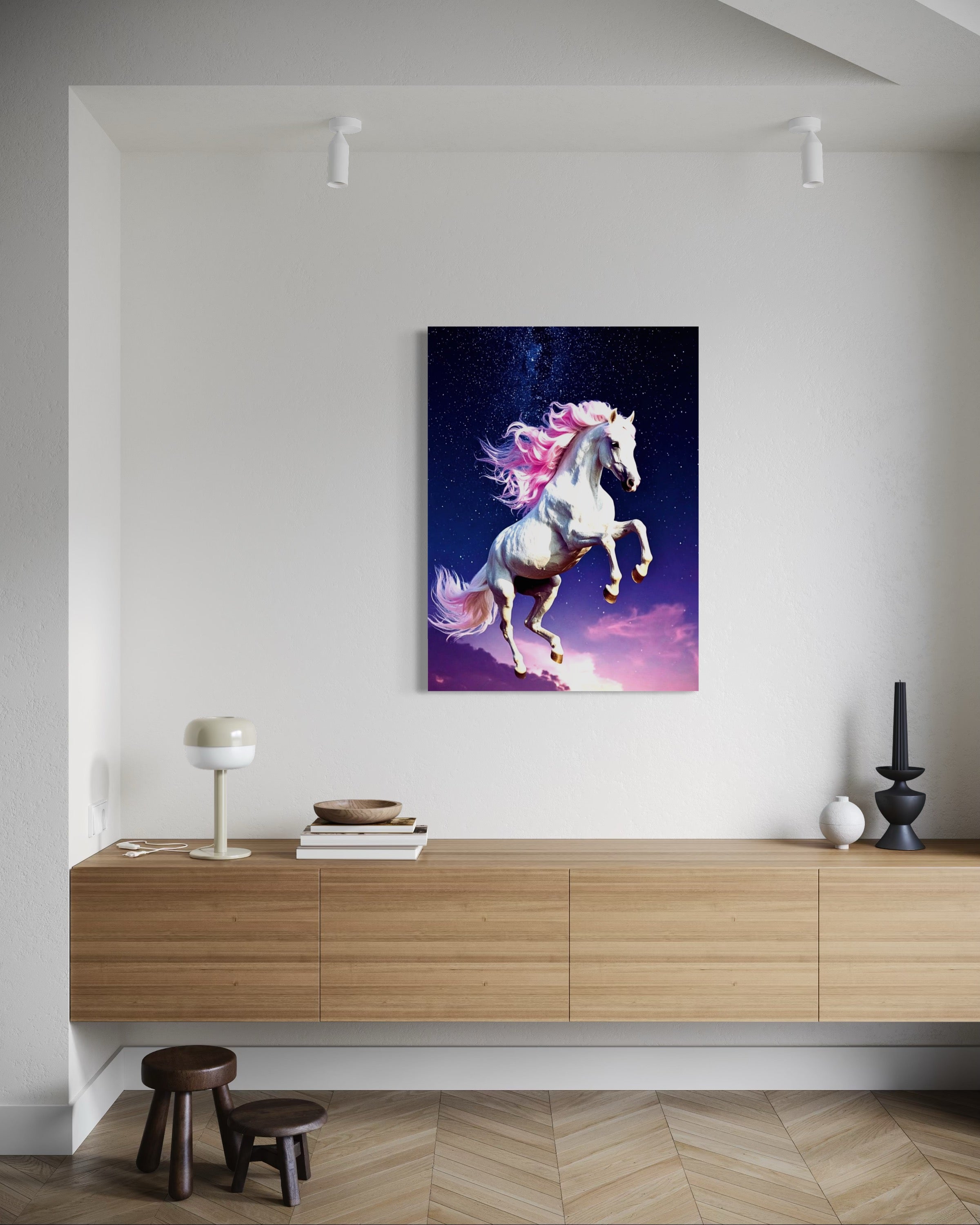Jumping White Horse with Pink Hair