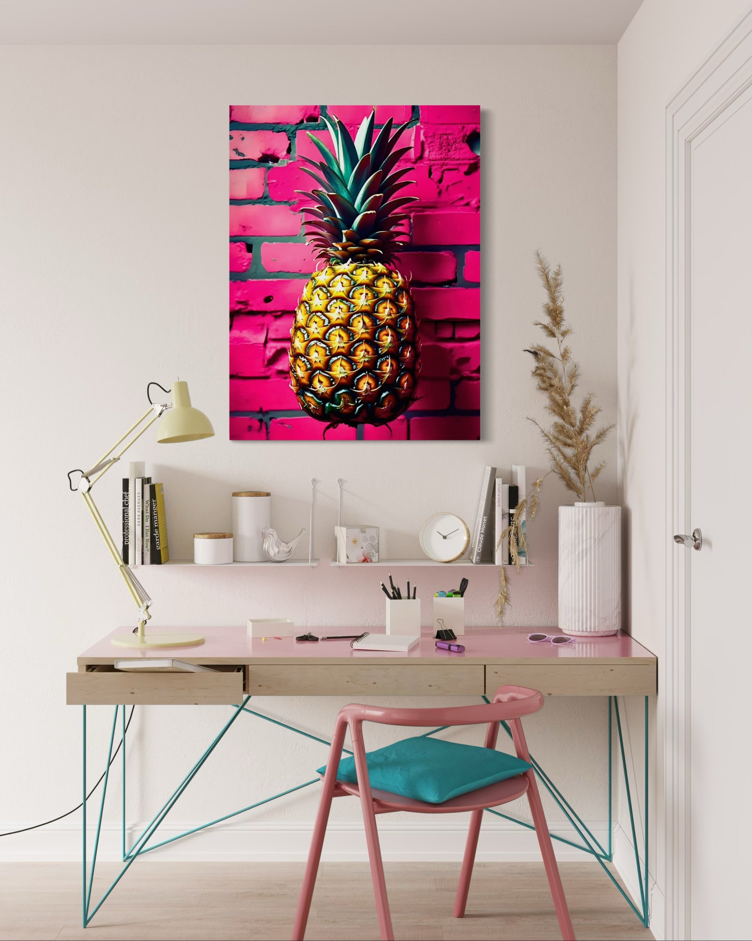 Vibrant Pineapple with Hot Pink Brick Background