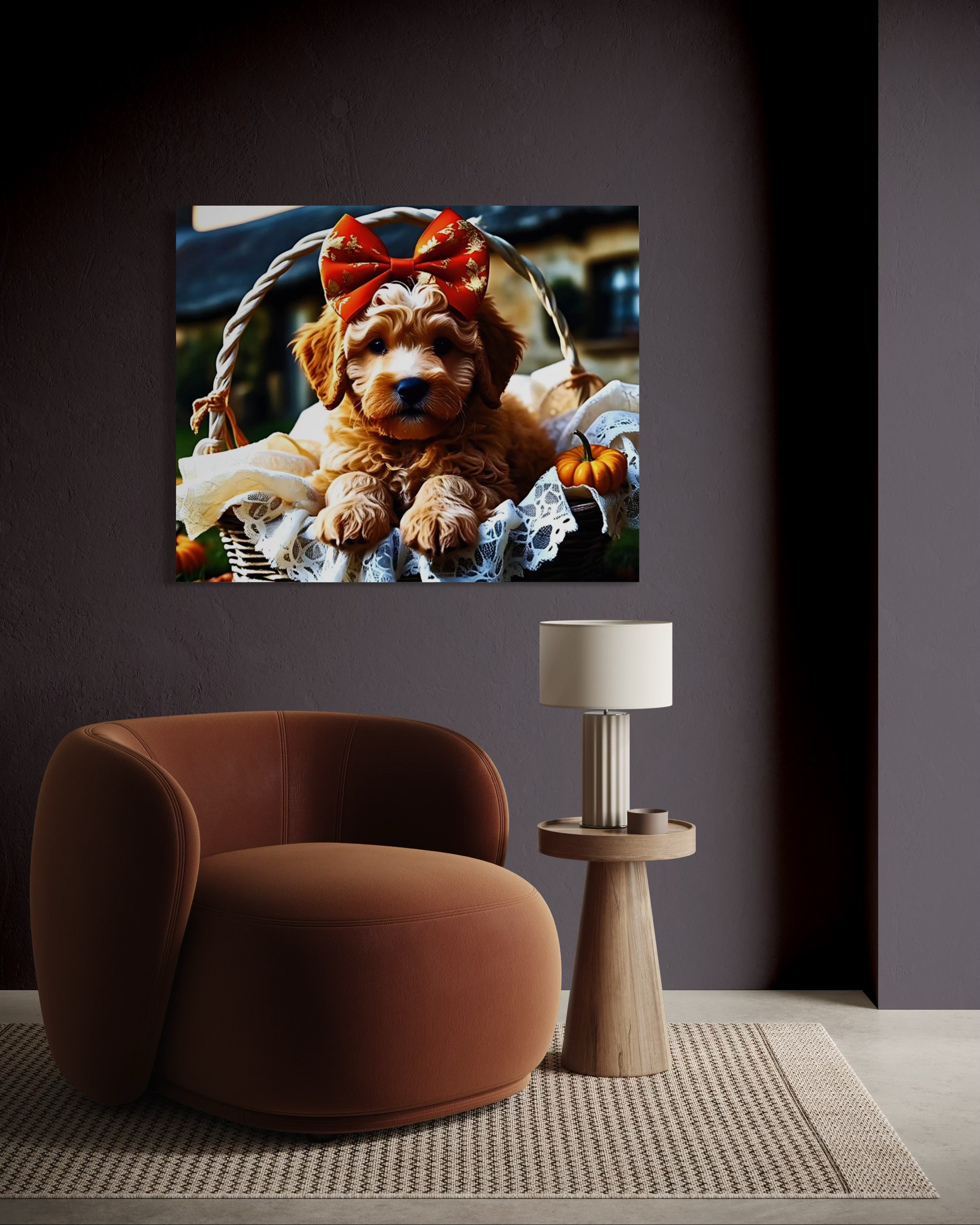 Autumn Goldendoodle Puppy with Bow in Basket