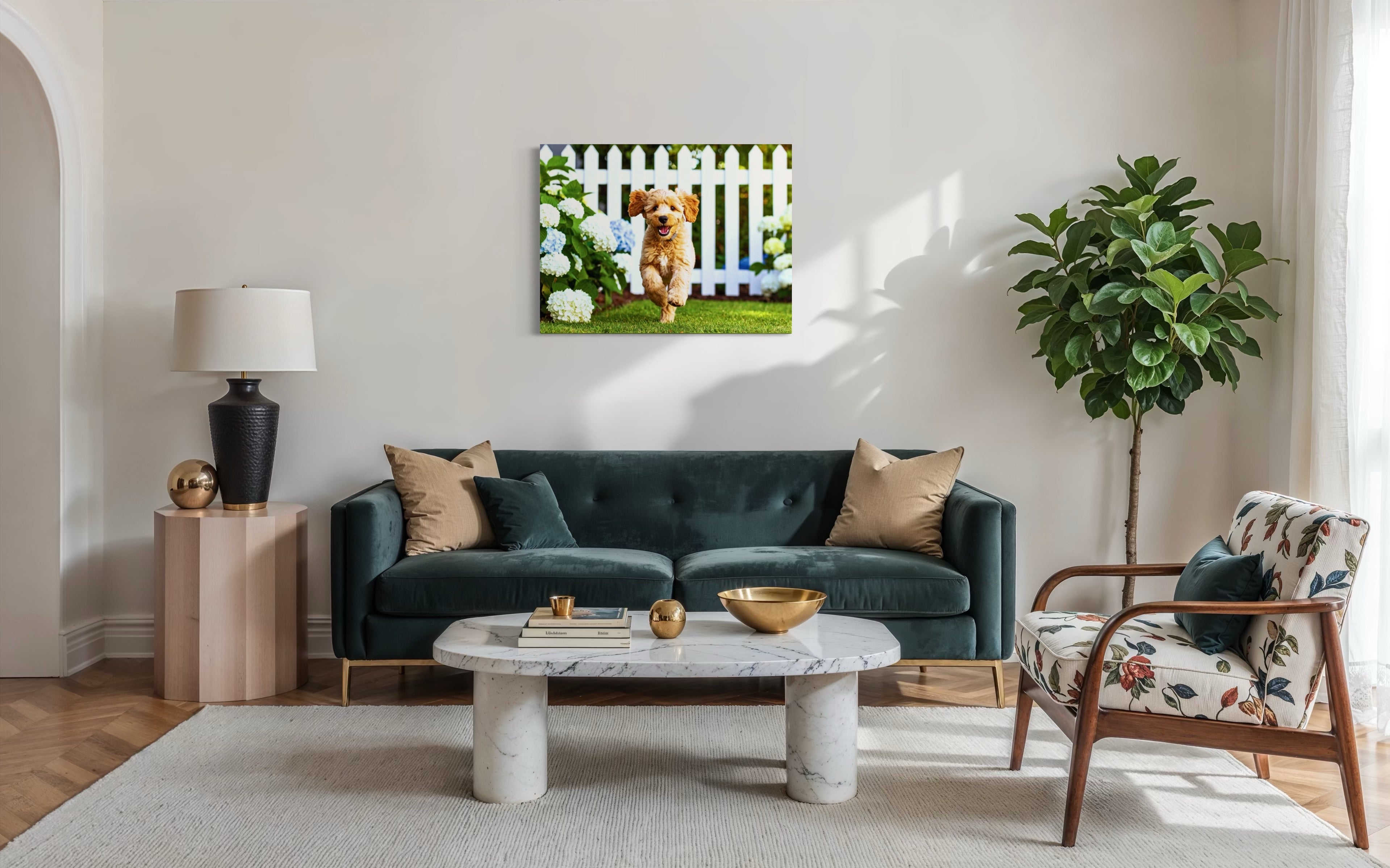Goldendoodle Puppy Hydrangea Garden Museum Print