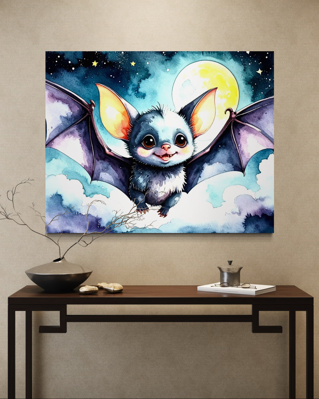 Baby Bat flying under a Full Moon