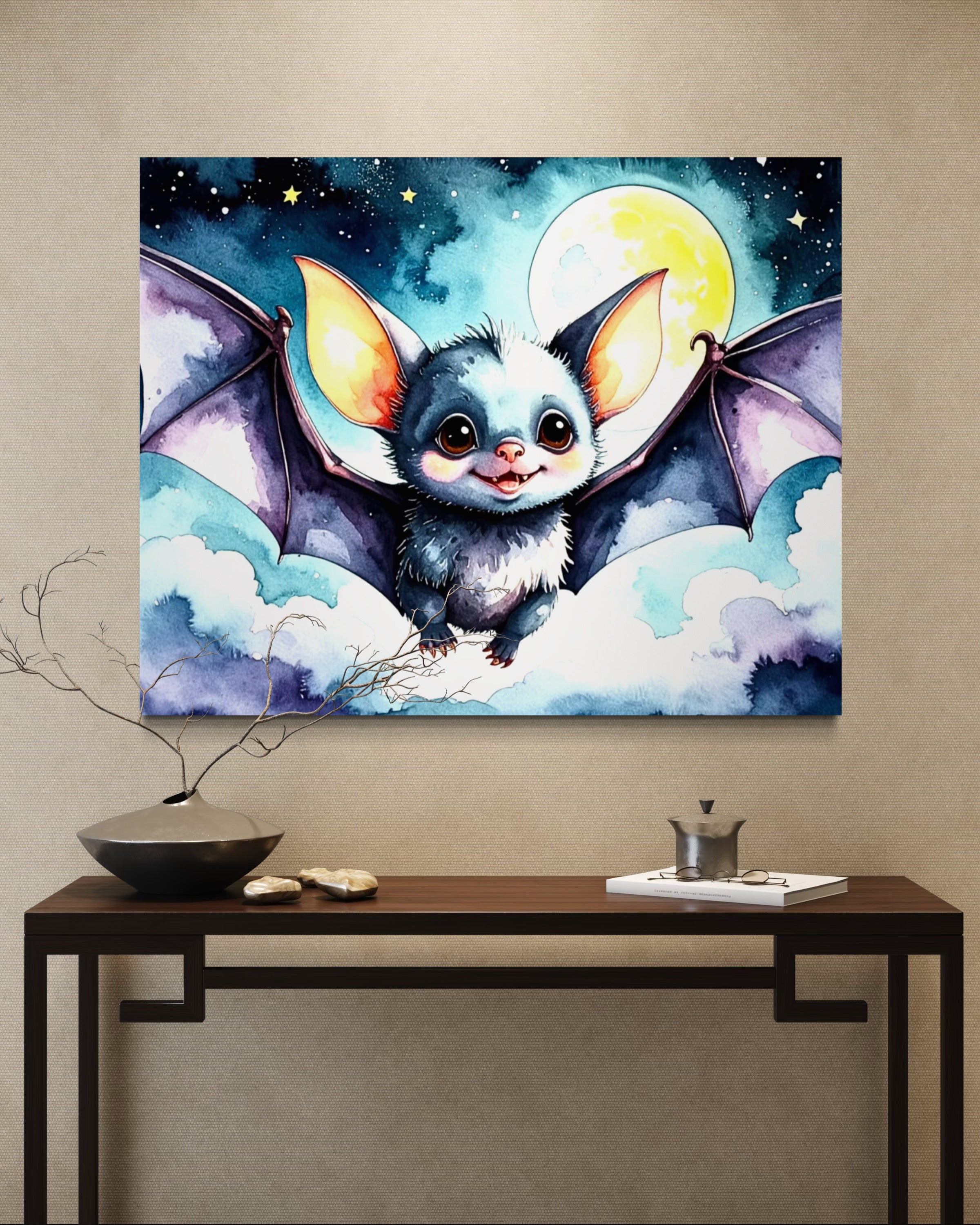 Baby Bat flying under a Full Moon