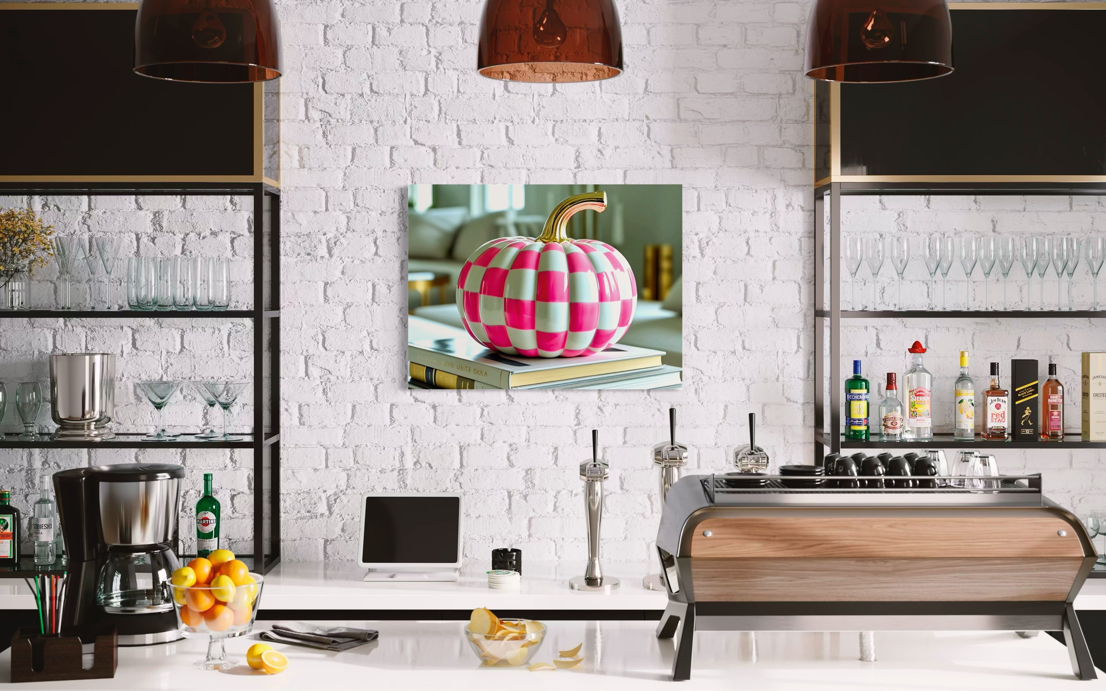 Pink and White Checkered Gold Stem Ceramic Pumpkin