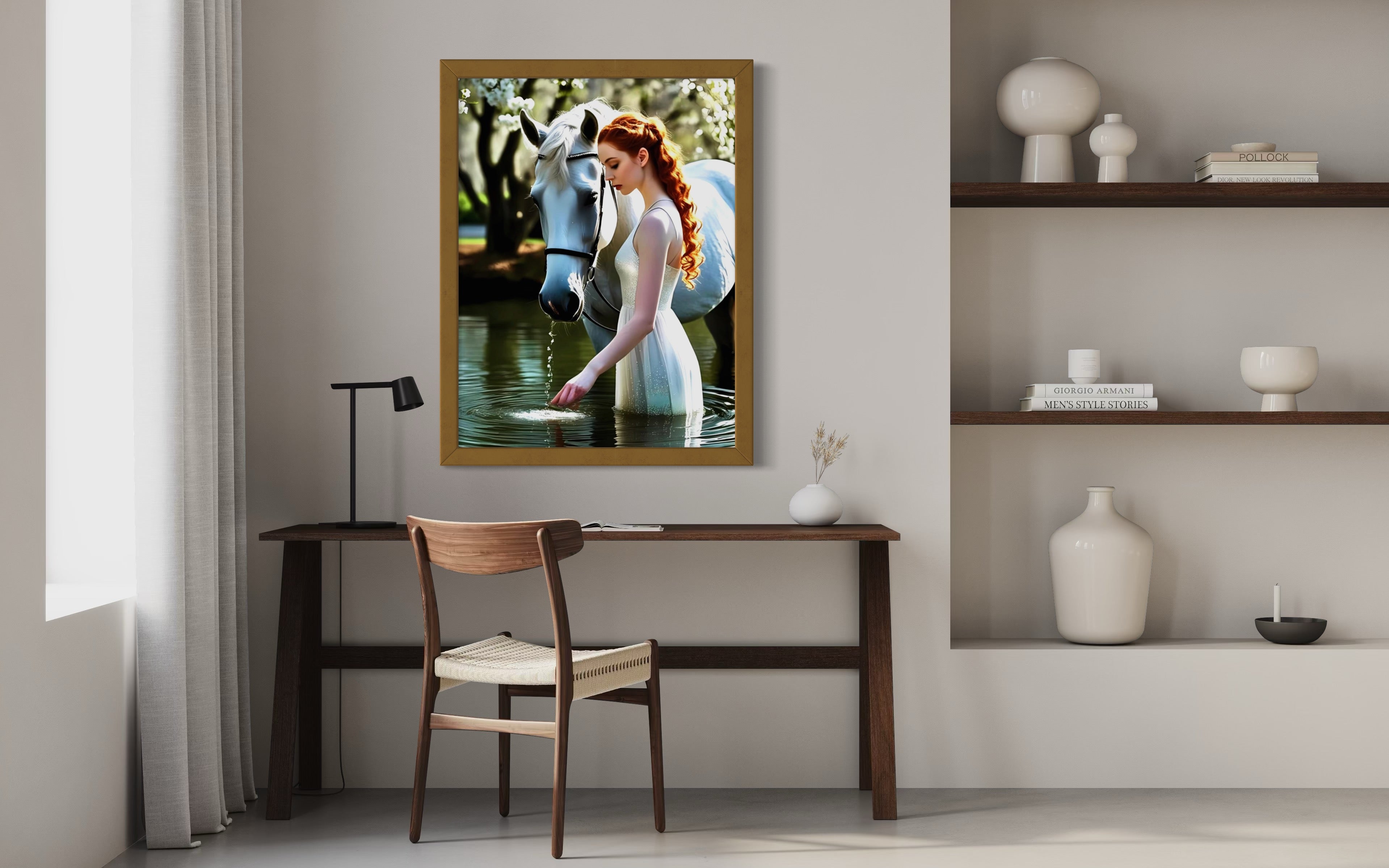Red Head and White Horse in Tranquil Pond