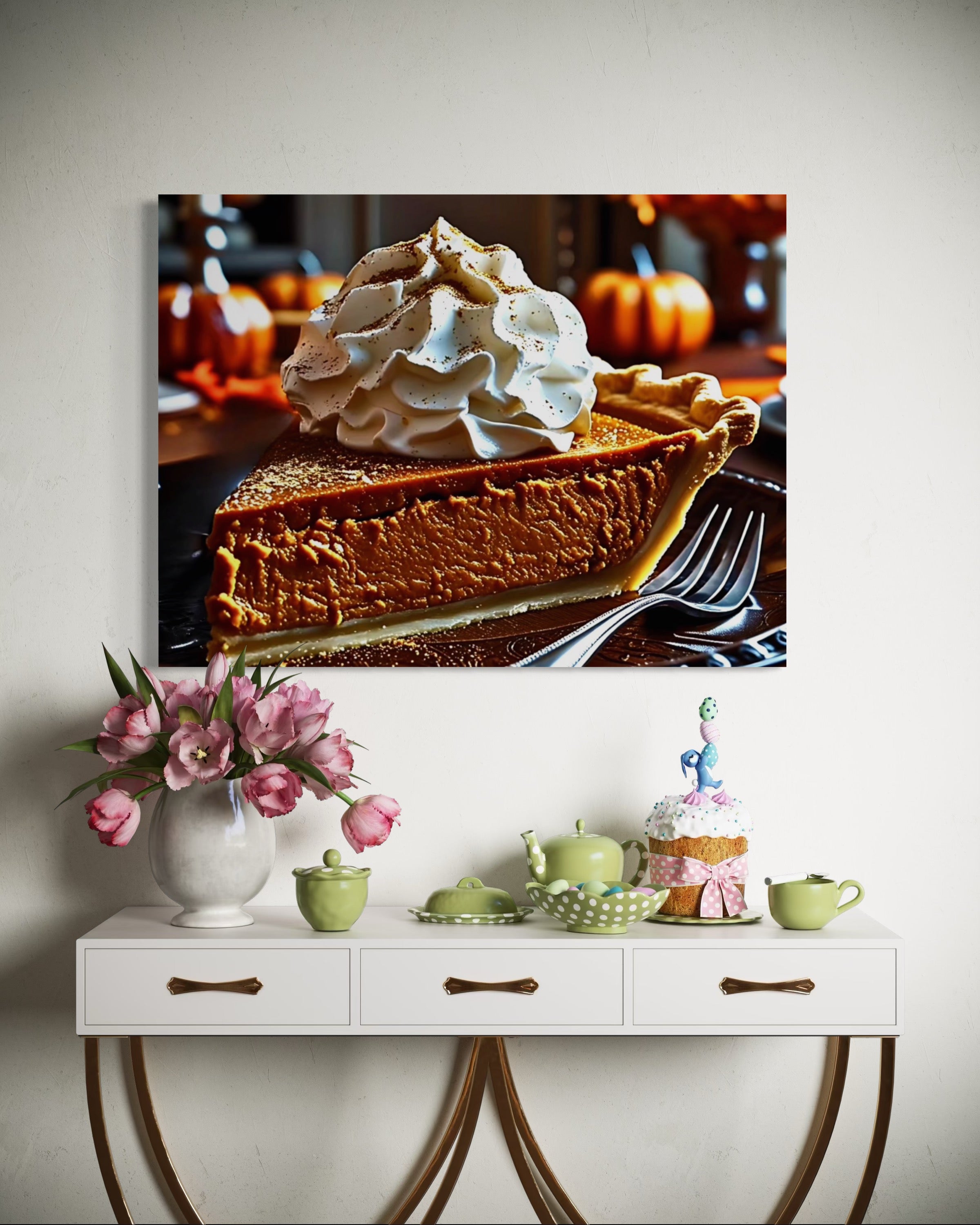 Pumpkin Pie Slice topped with Whipped Cream and Nutmeg