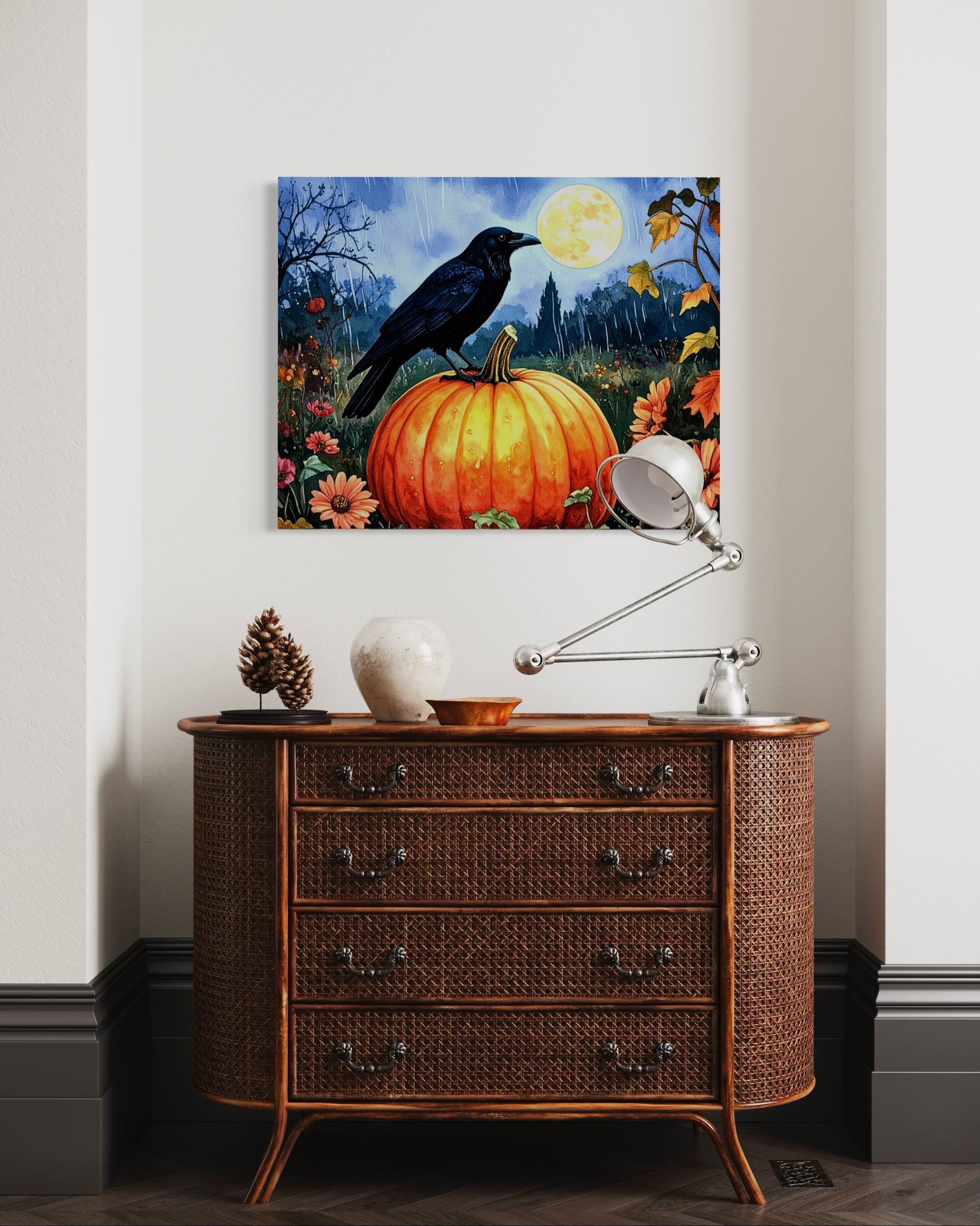 Crow on Pumpkin in Rain