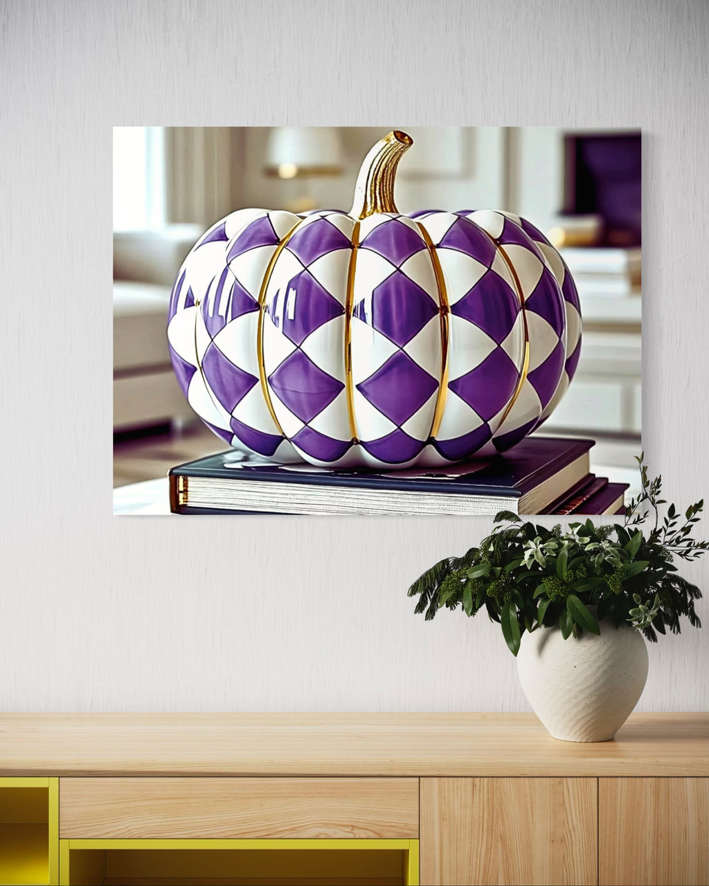 Purple and Gold Checkered Ceramic Pumpkin