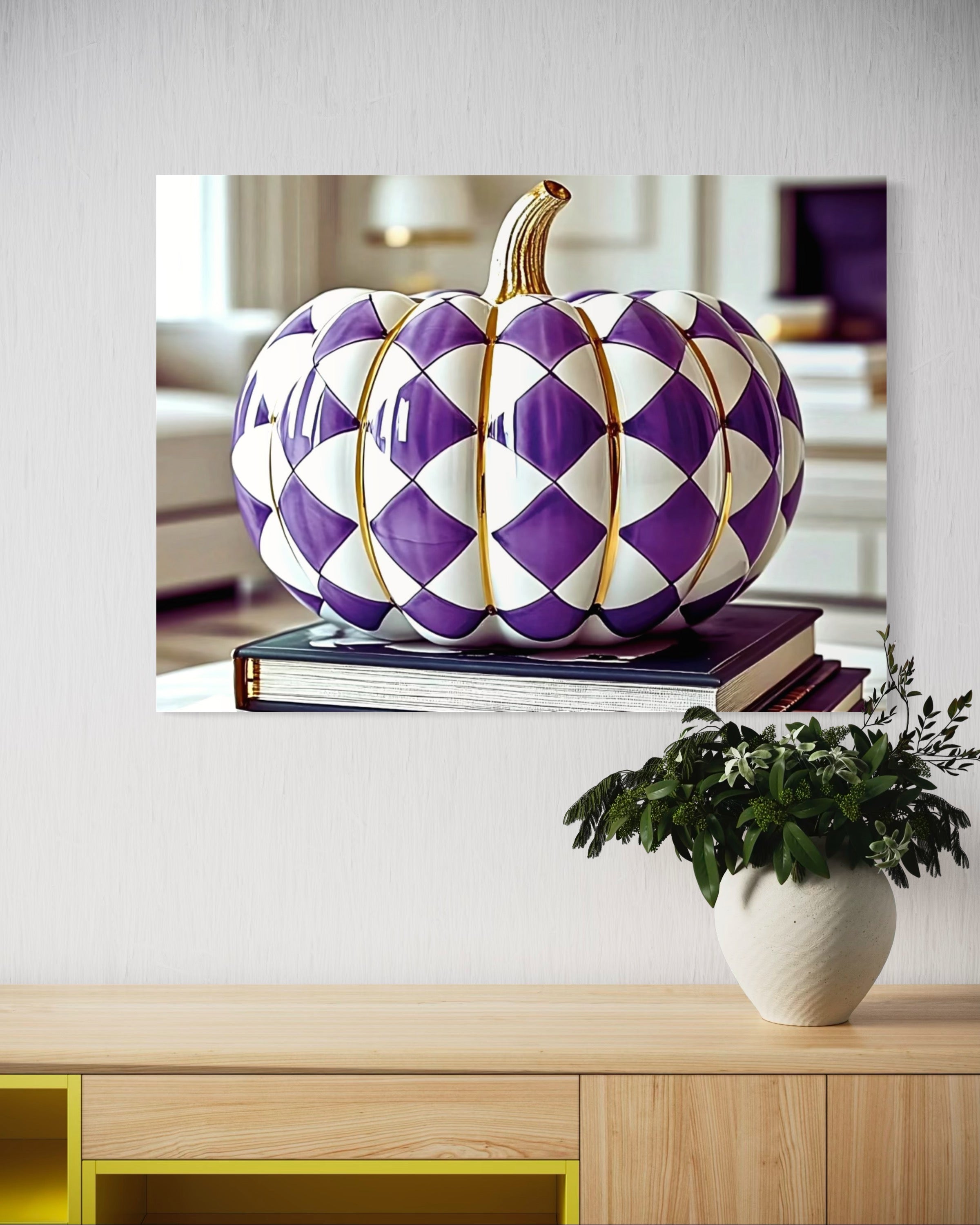 Purple and Gold Checkered Ceramic Pumpkin