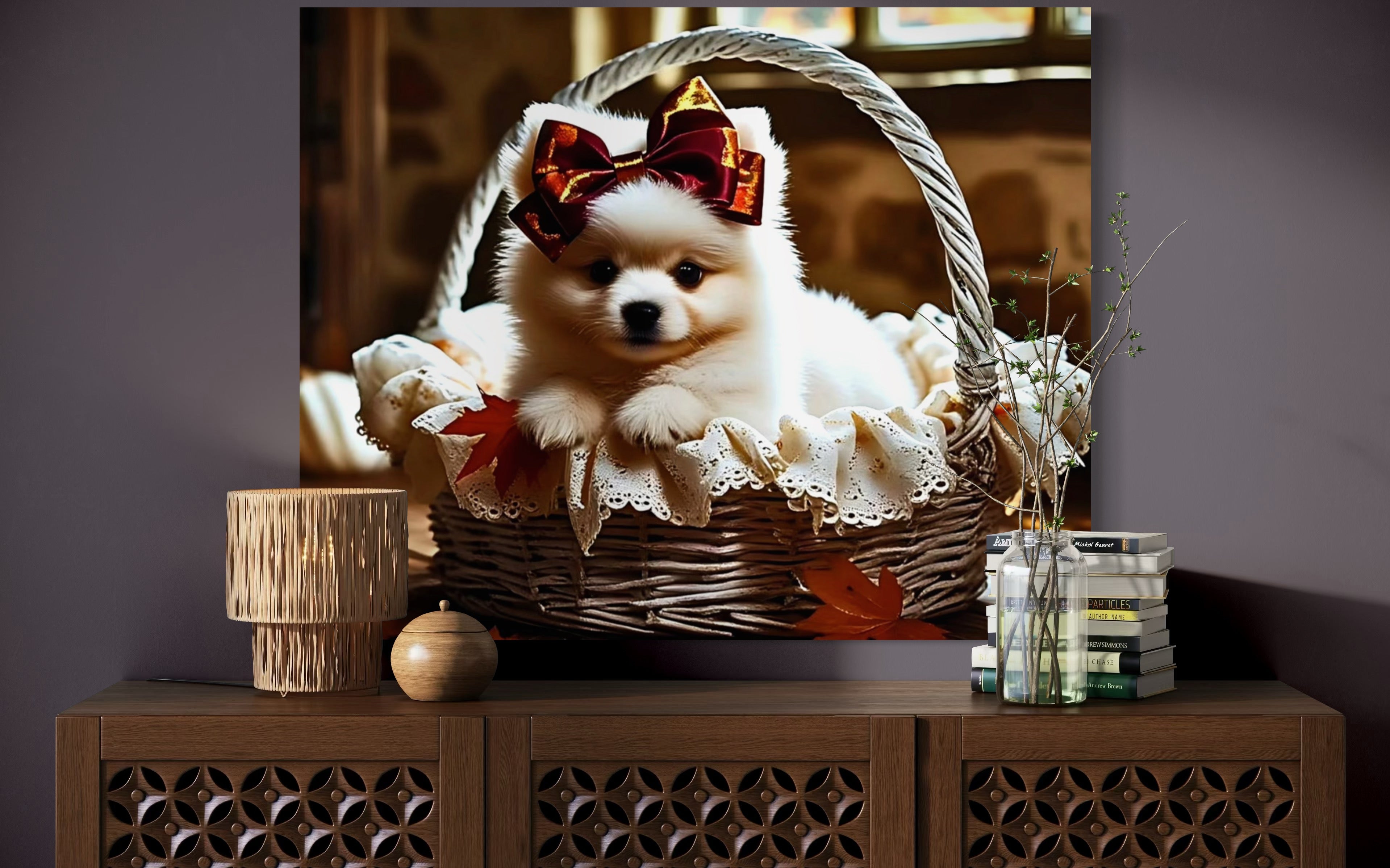 Autumn Pomeranian Puppy Girl with Bow in Basket
