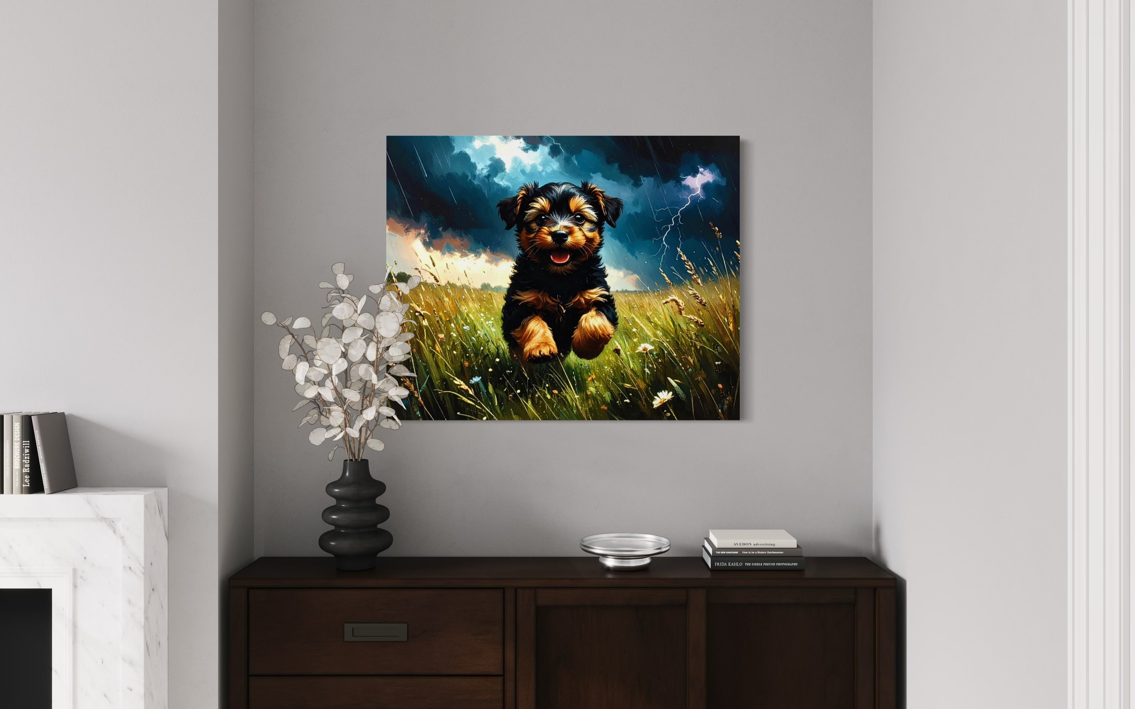 Yorkie in a Stormy Meadow