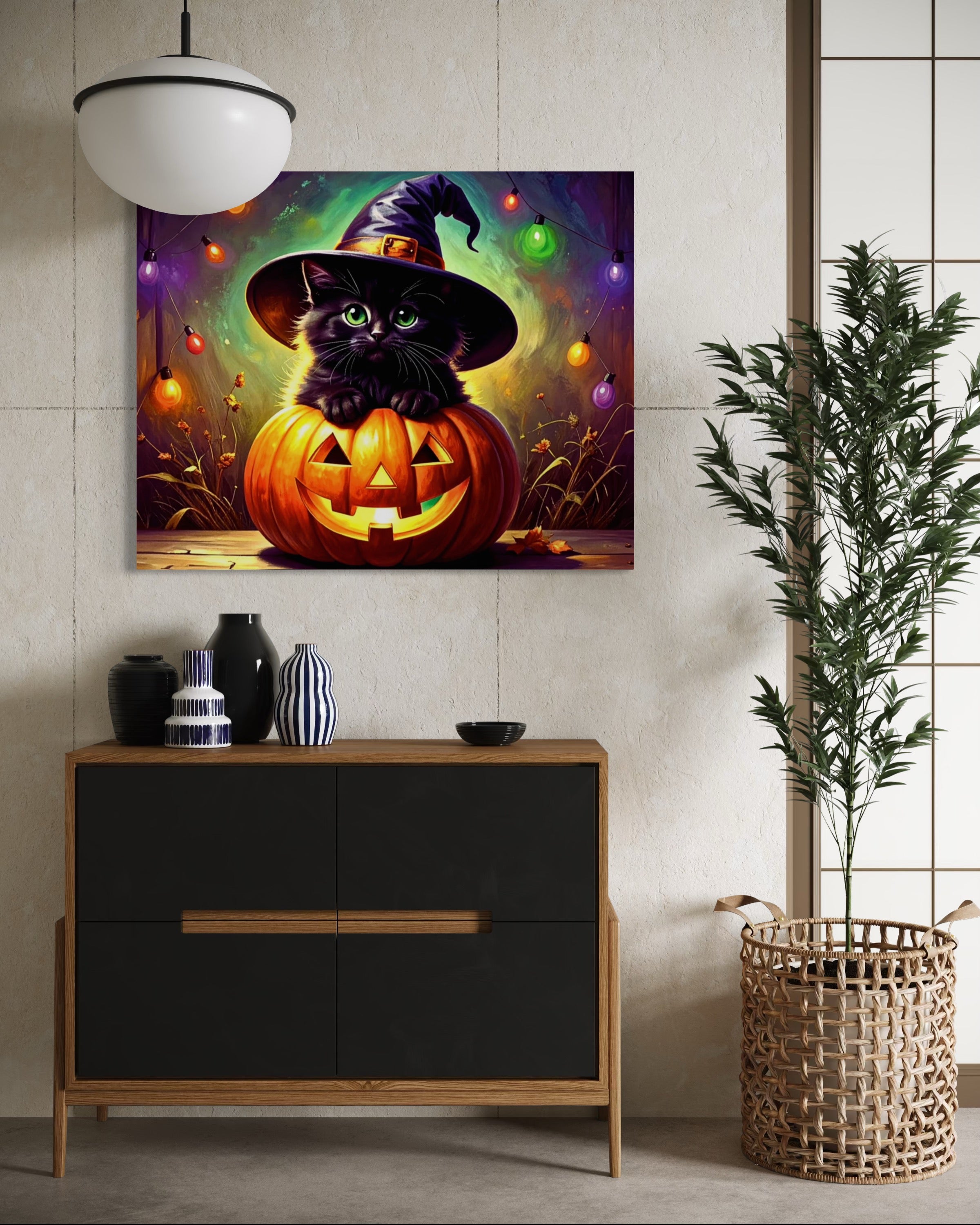 Kitten in Jack O Lantern with Witch Hat