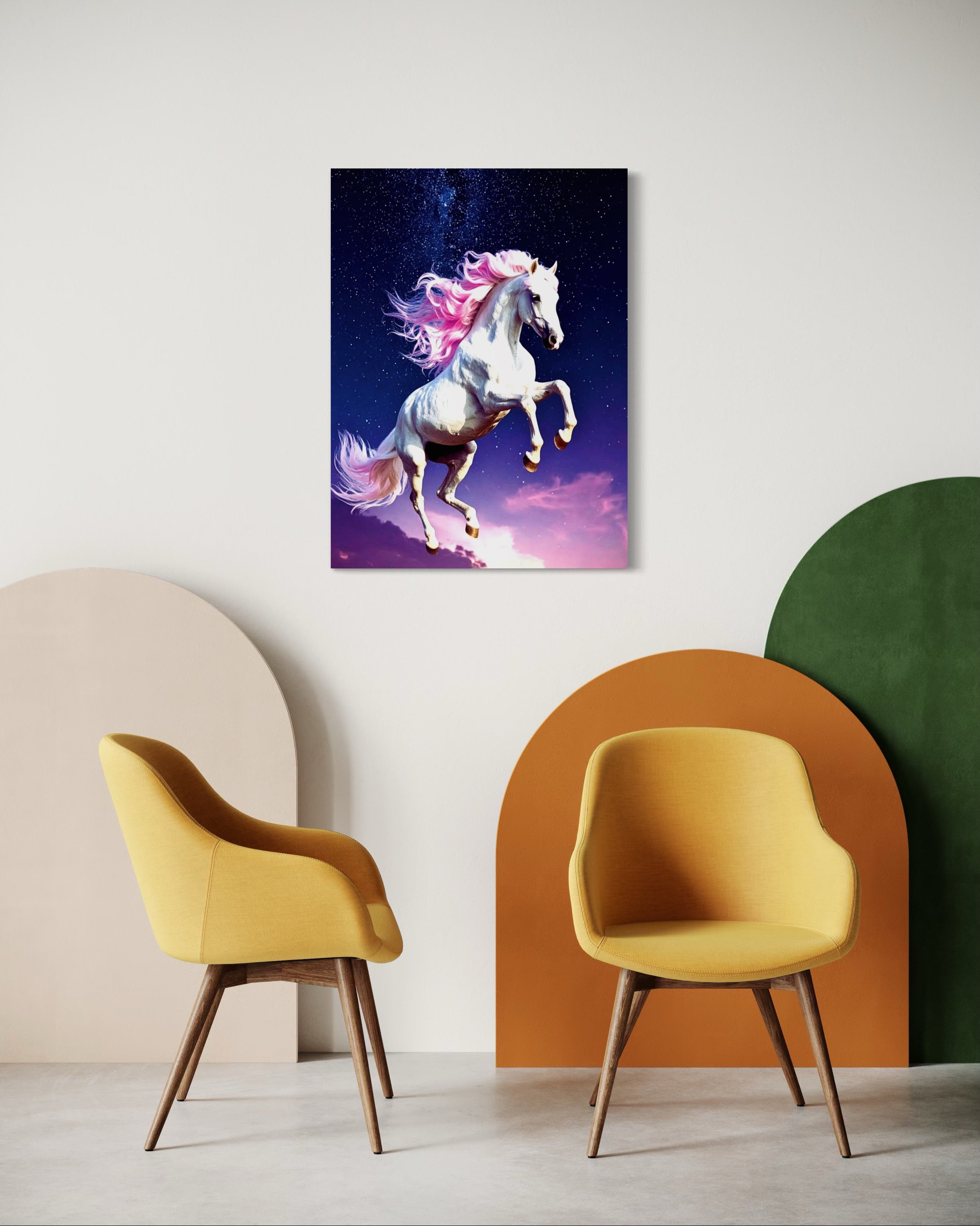 Jumping White Horse with Pink Hair