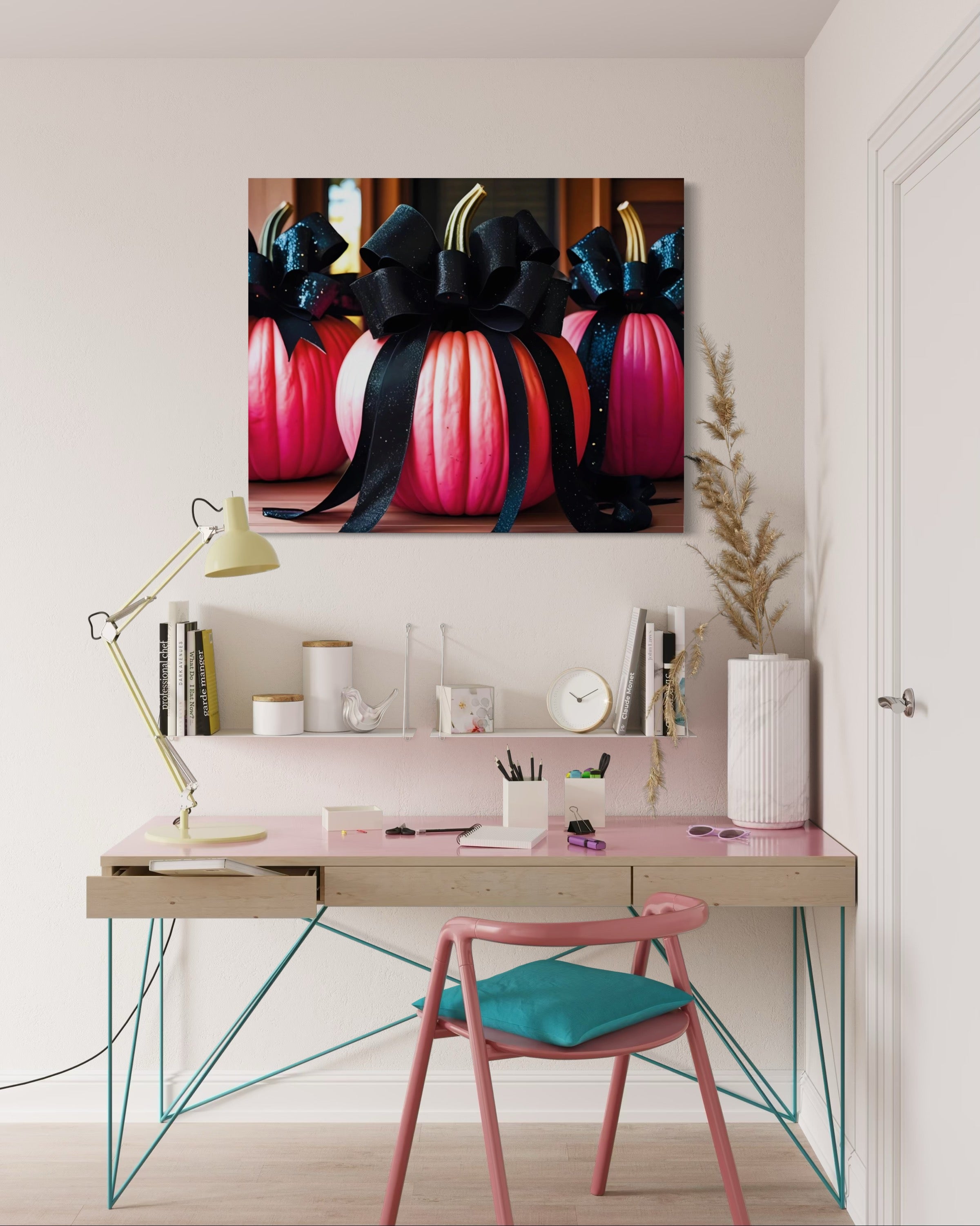 Pink Porch Pumpkins with Black Glittering and Velvet Bows