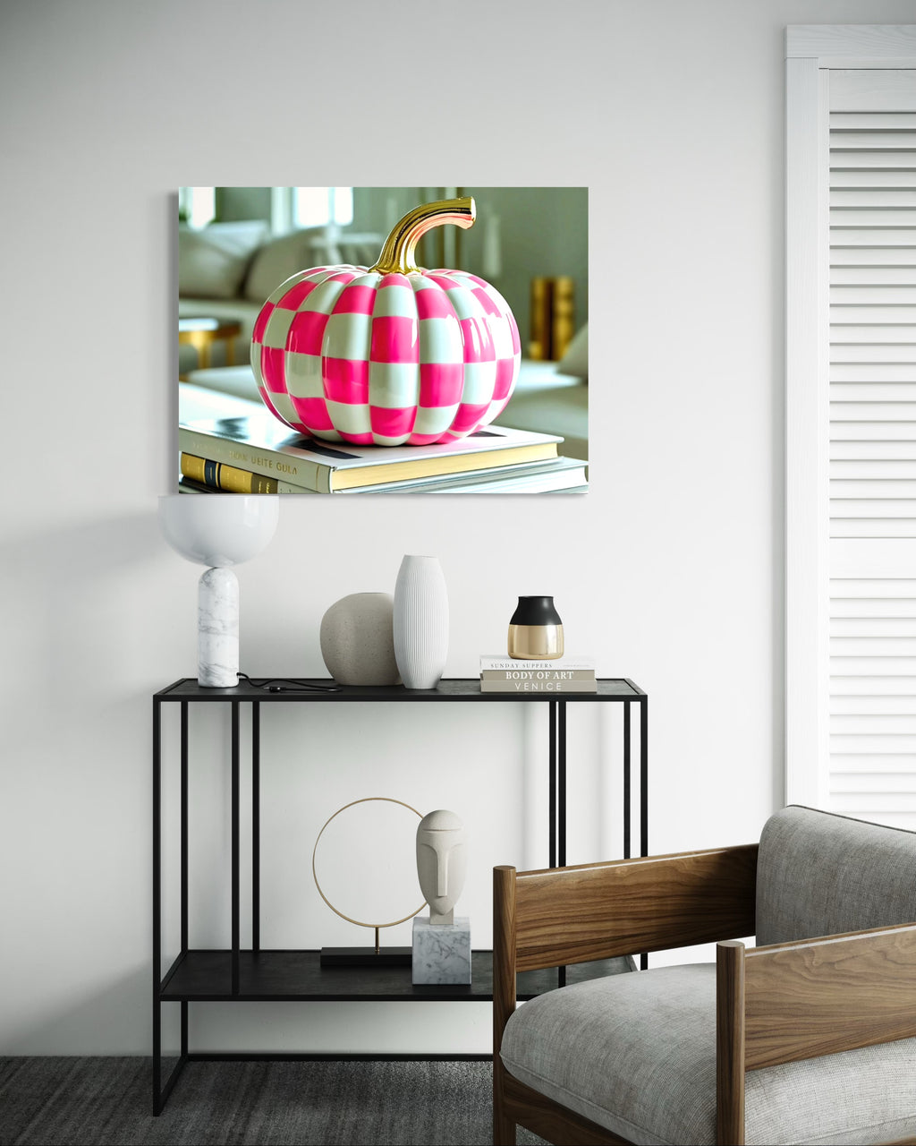 Pink and White Checkered Gold Stem Ceramic Pumpkin