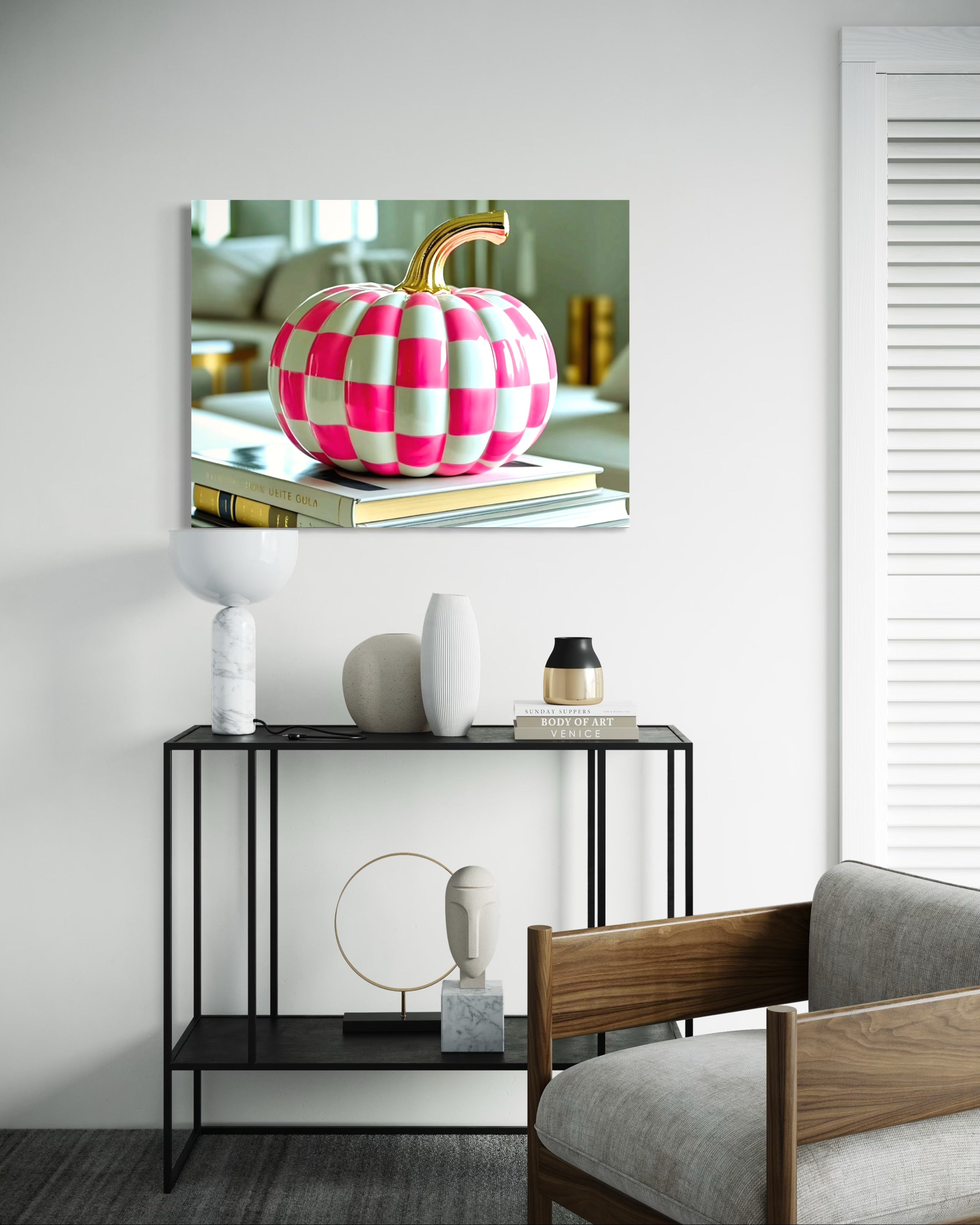 Pink and White Checkered Gold Stem Ceramic Pumpkin