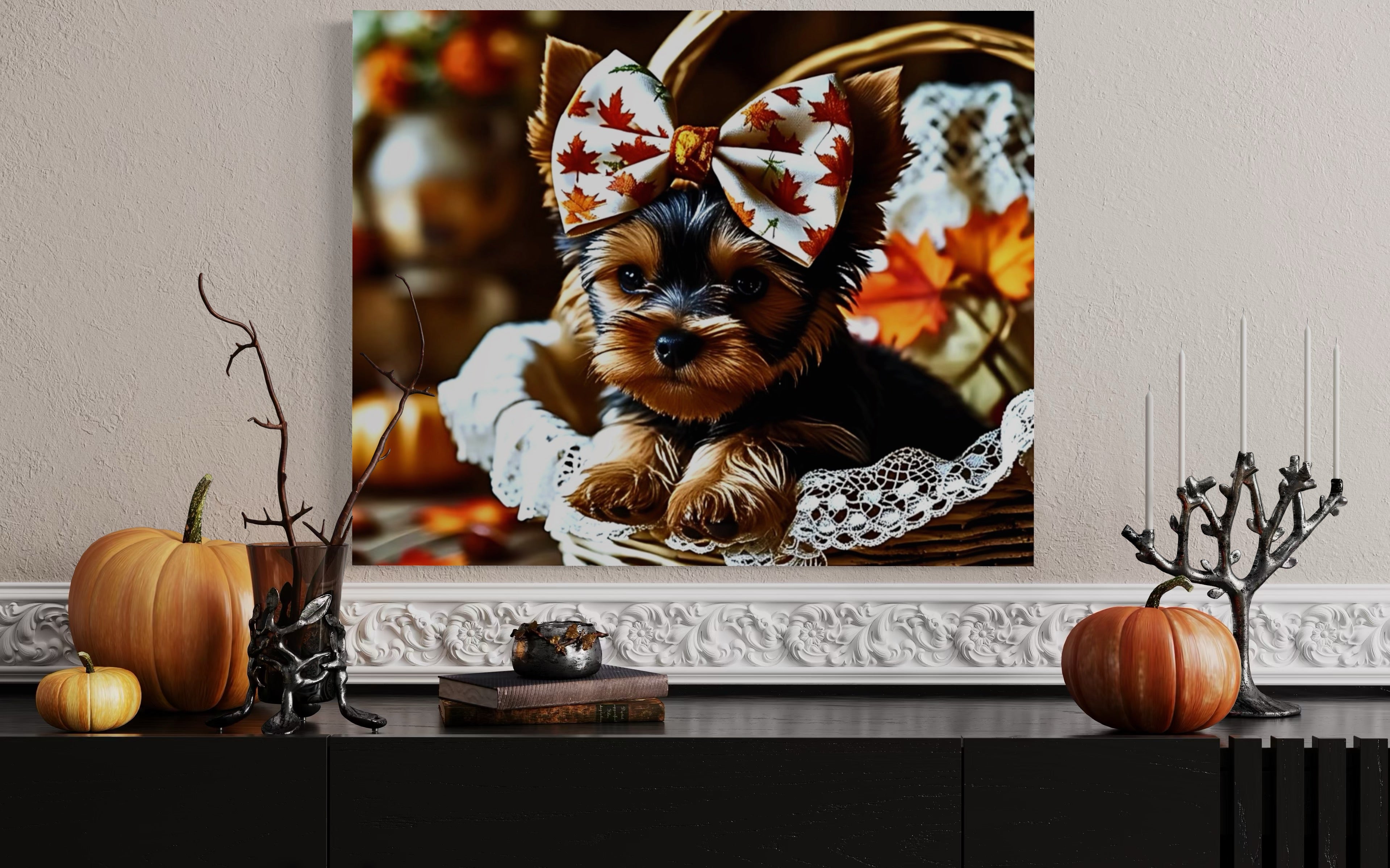 Autumn Yorkie Puppy Girl with Bow in Basket