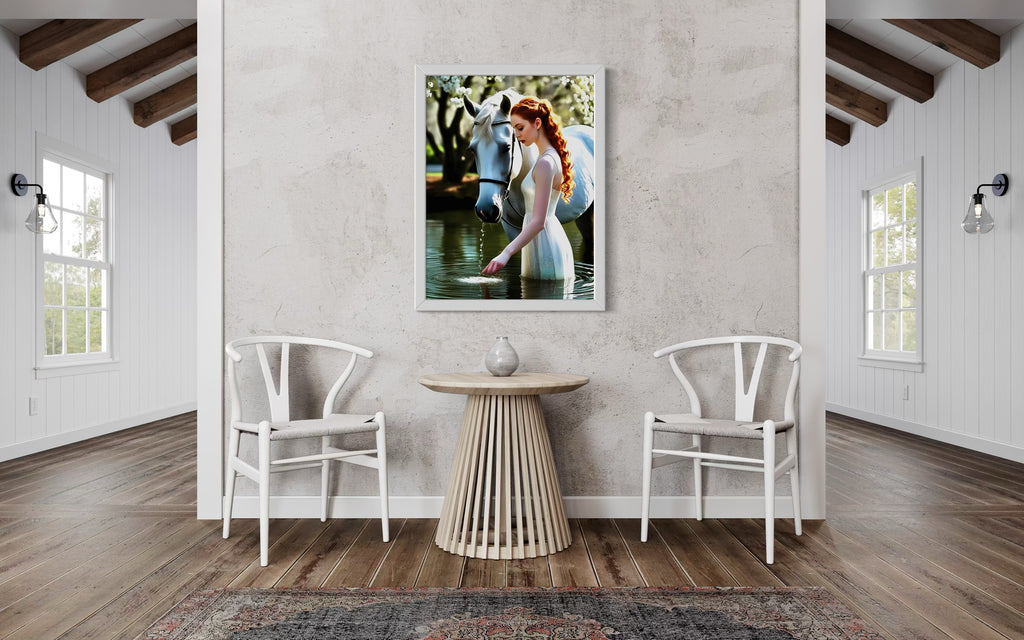Red Head and White Horse in Tranquil Pond