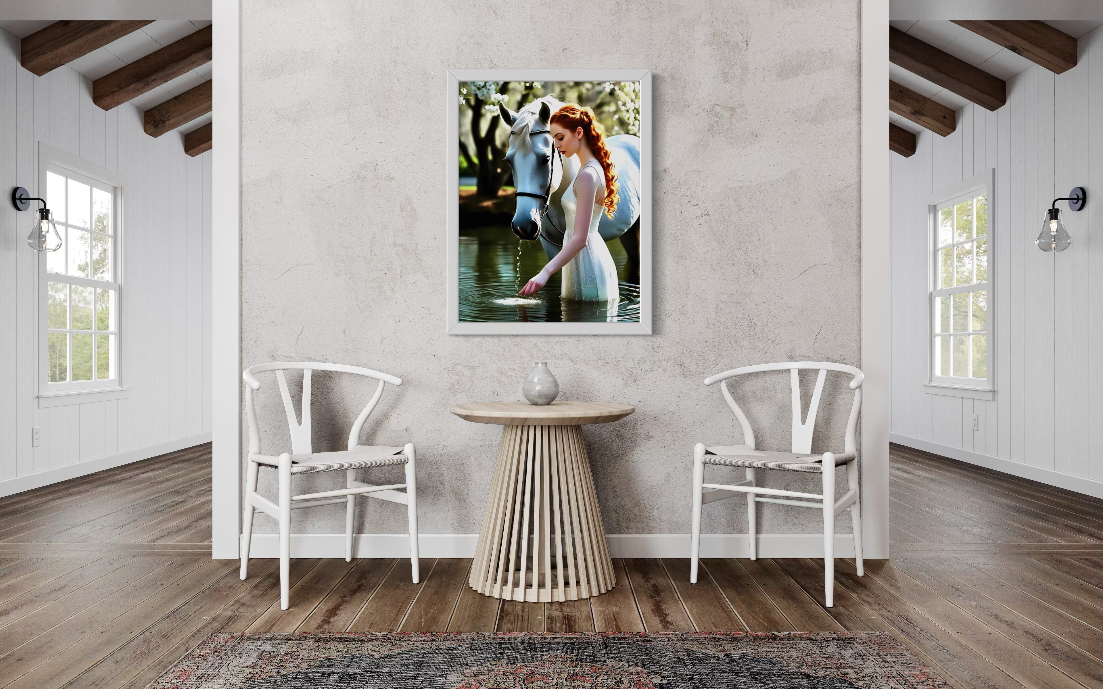 Red Head and White Horse in Tranquil Pond