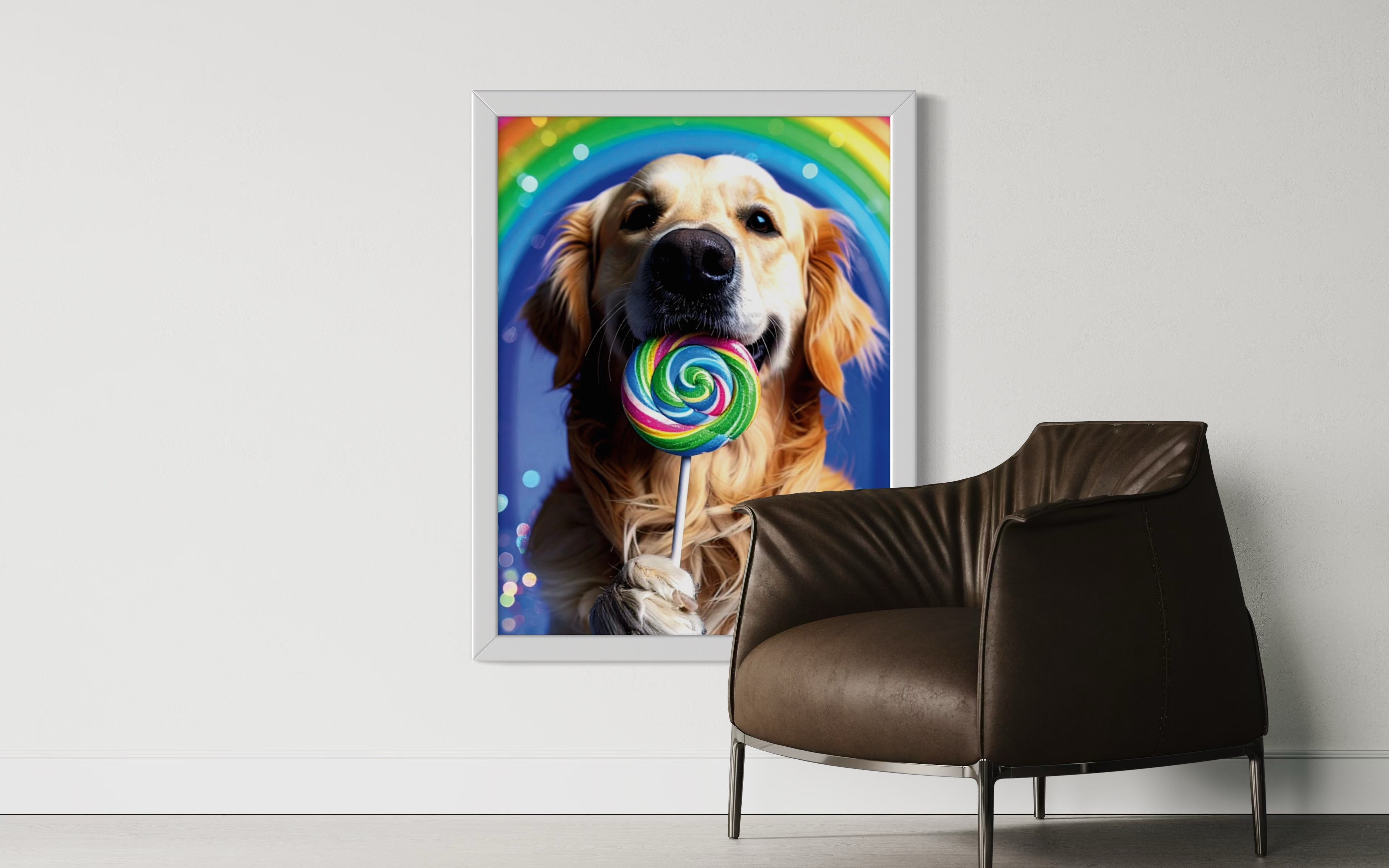 Golden Retriever with Rainbow Lollipop Museum Print