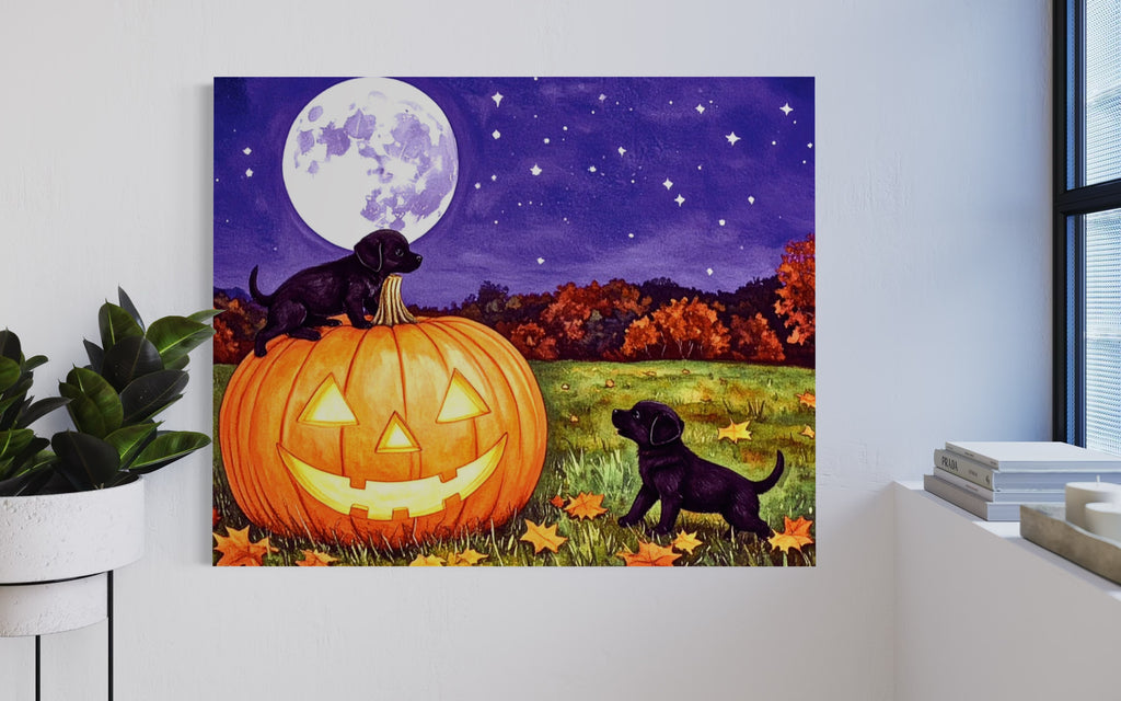 Puppies play on a Pumpkin