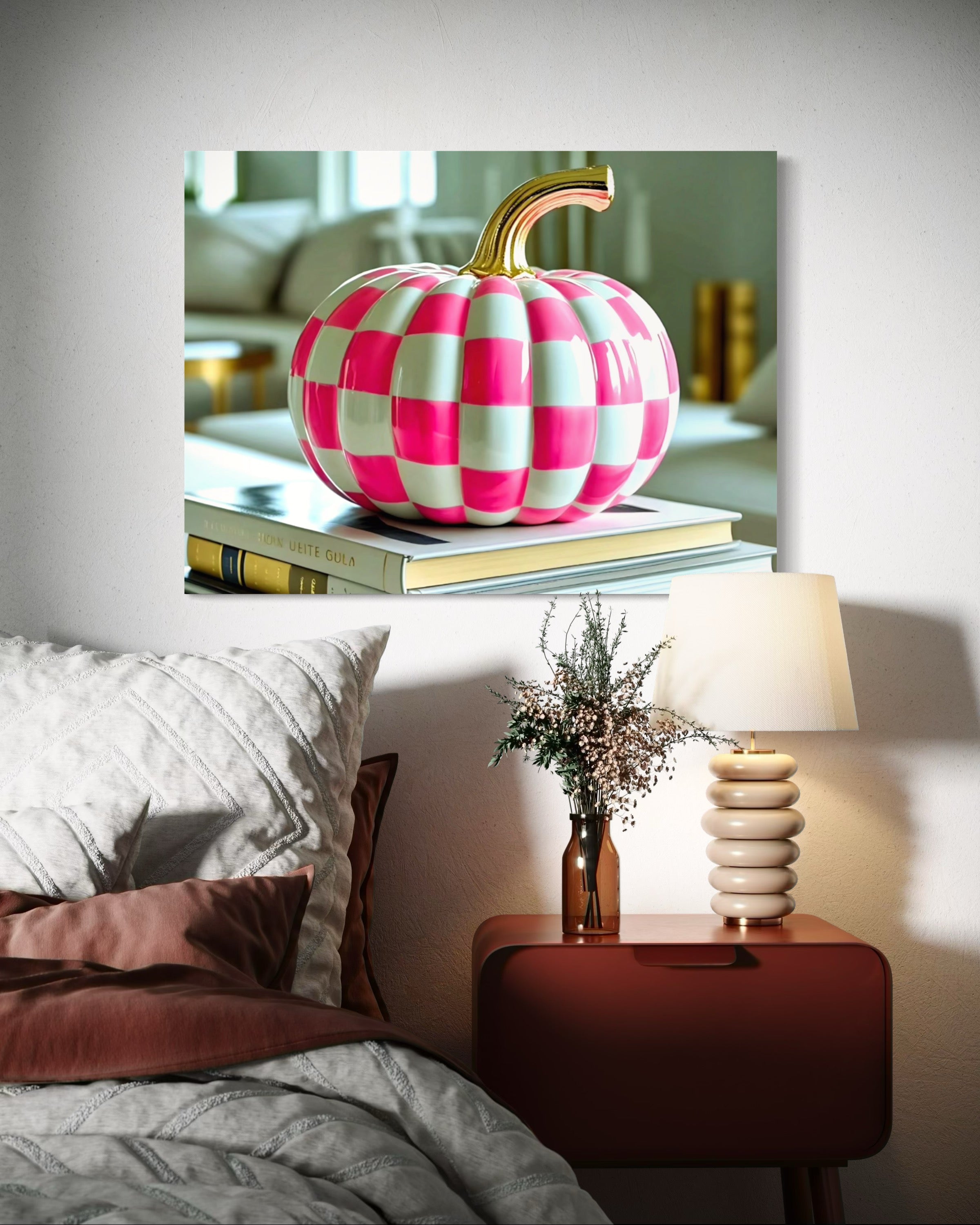 Pink and White Checkered Gold Stem Ceramic Pumpkin