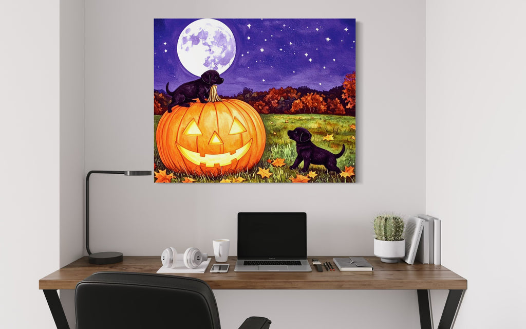 Puppies play on a Pumpkin