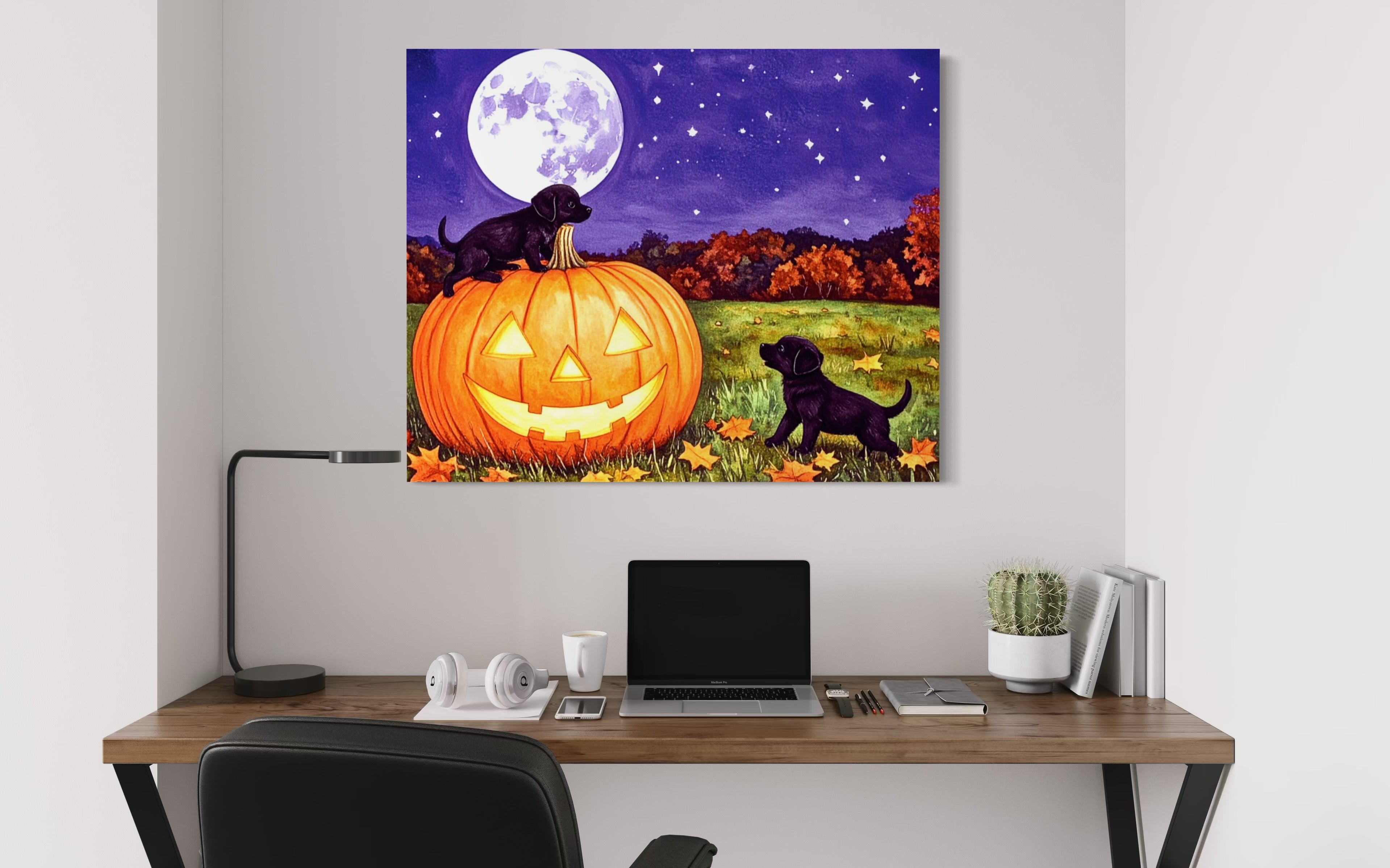 Puppies play on a Pumpkin