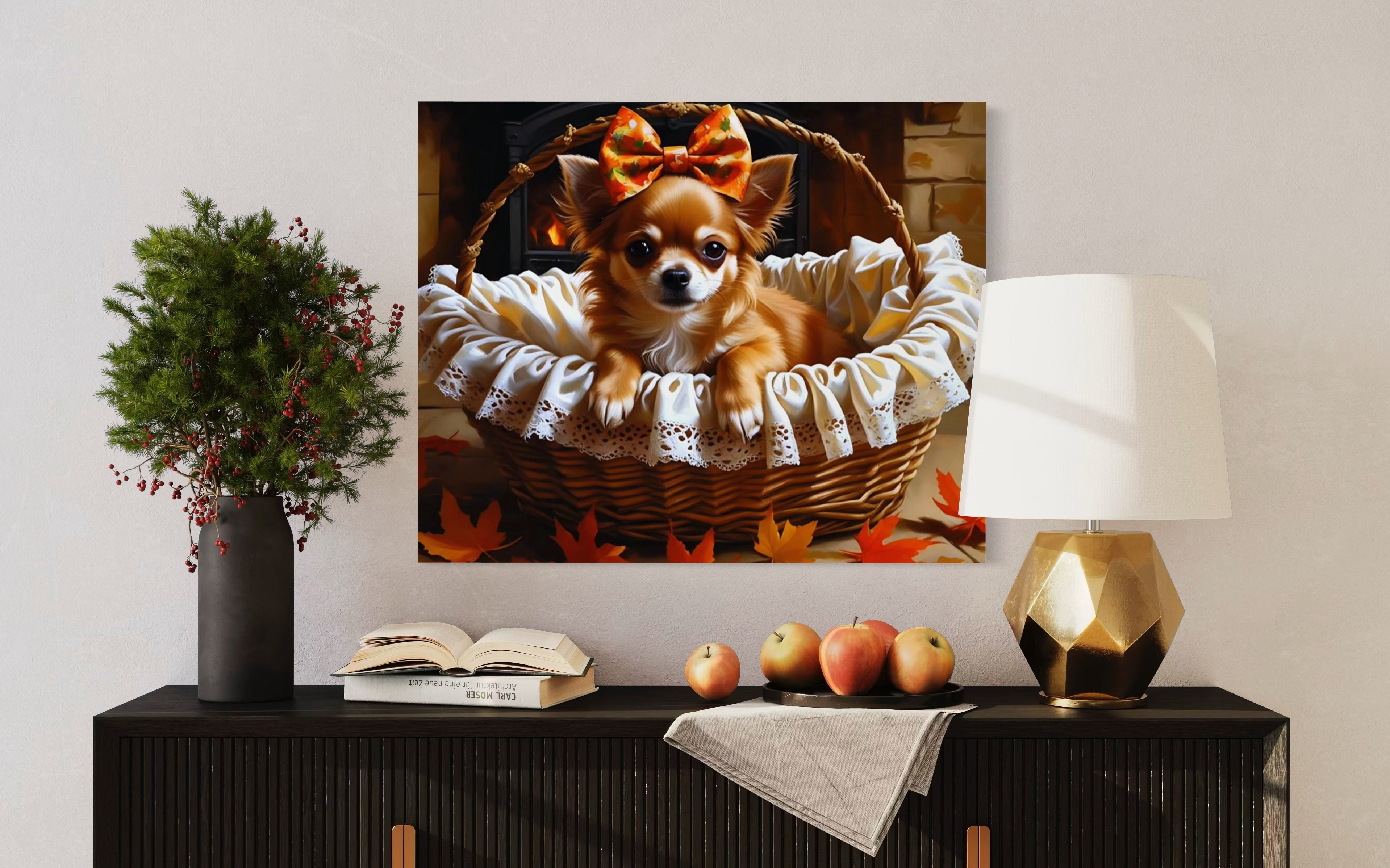 Autumn Chihuahua with Bow in Basket