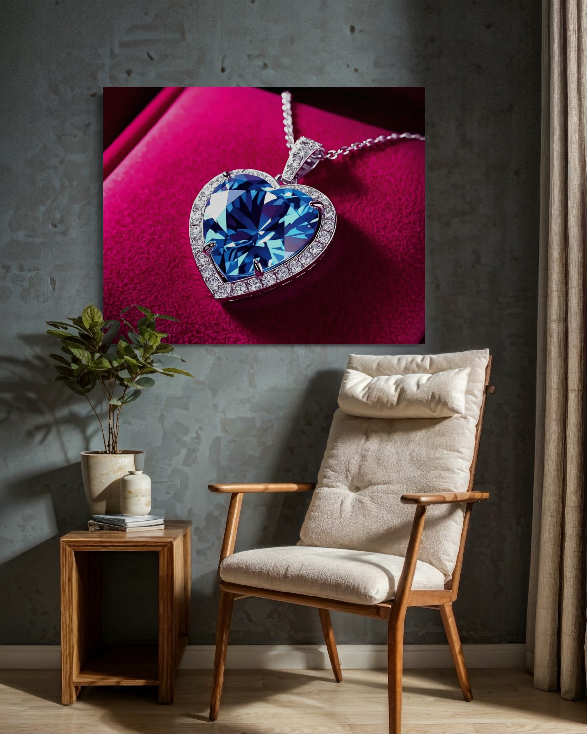 Blue Diamond Heart Necklace on Pink Velvet Museum Print