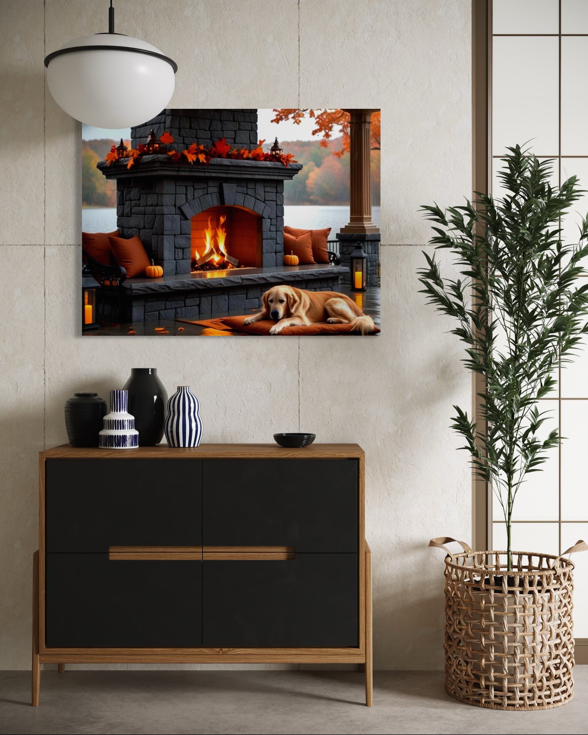 Fall fireplace on the Lake in the Rain