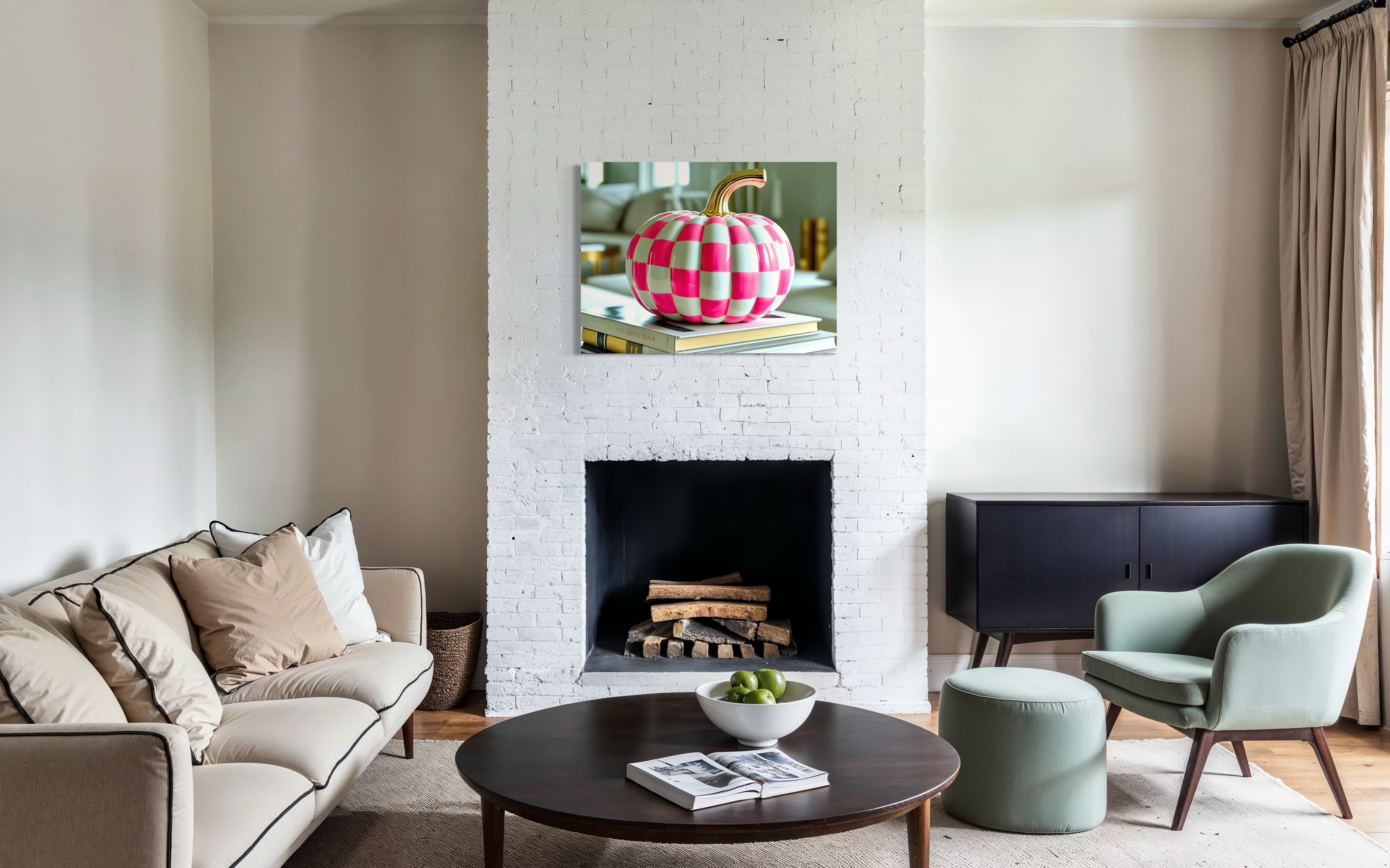 Pink and White Checkered Gold Stem Ceramic Pumpkin