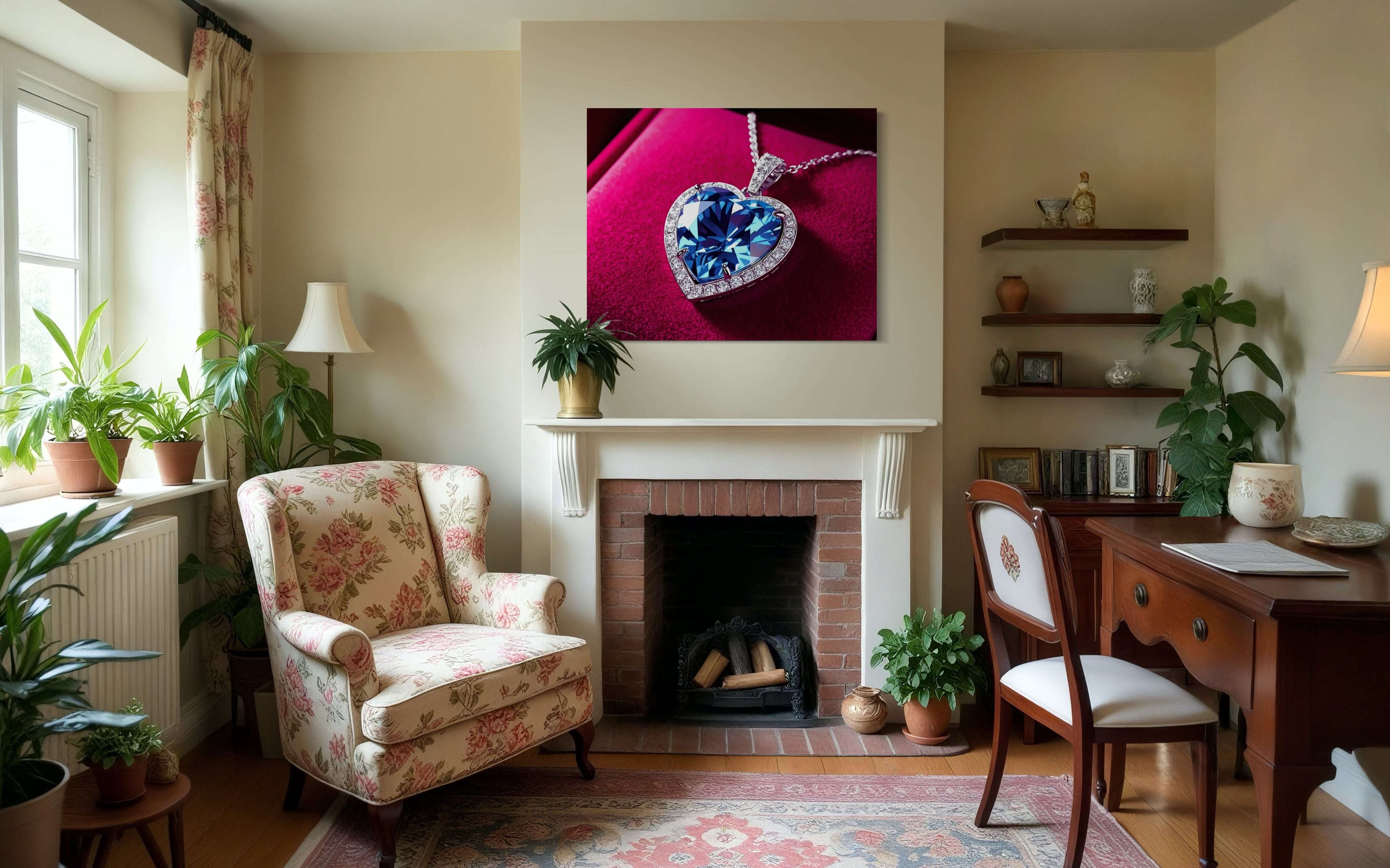 Blue Diamond Heart Necklace on Pink Velvet Museum Print