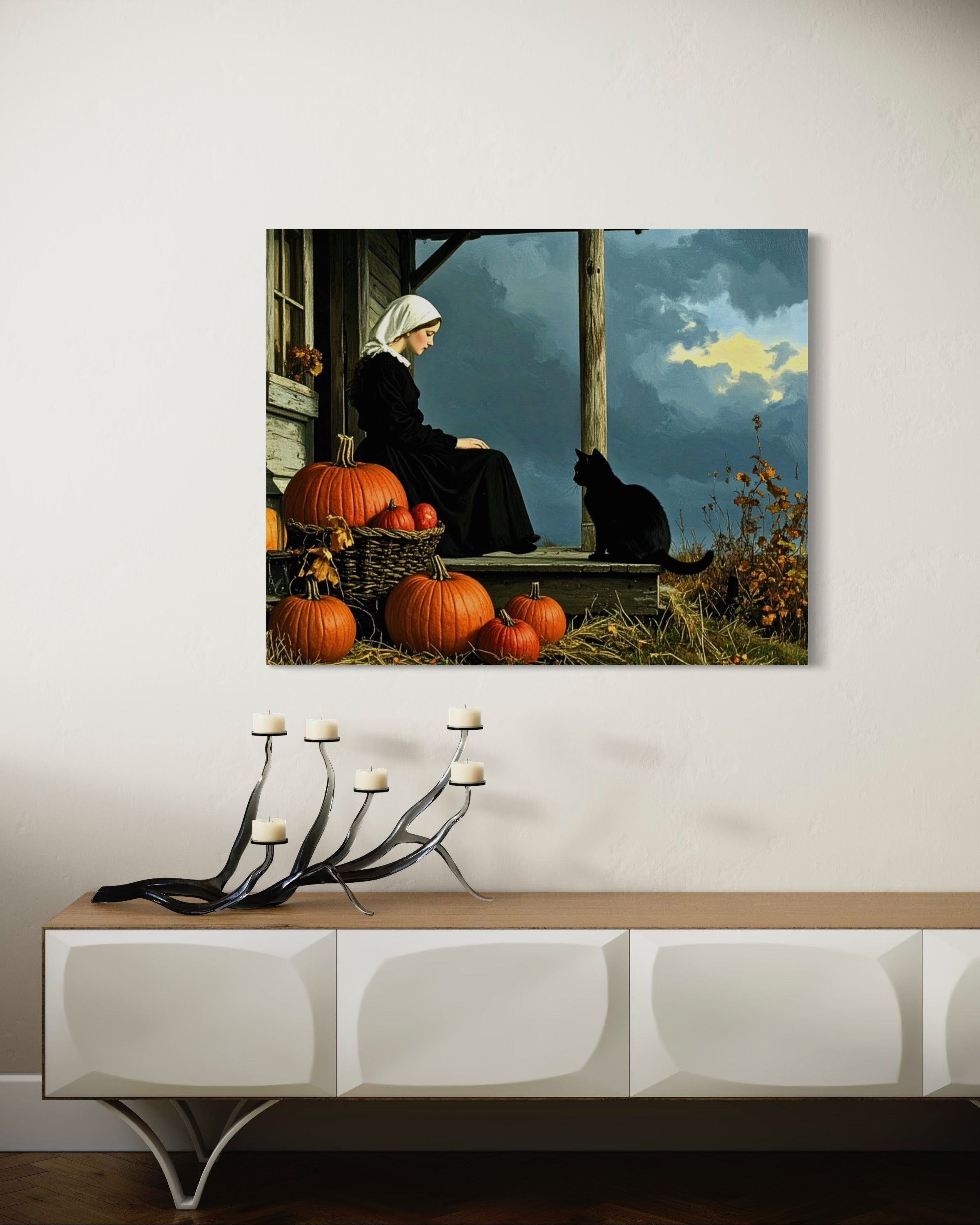 Pilgrim Girl with Cat and Pumpkins