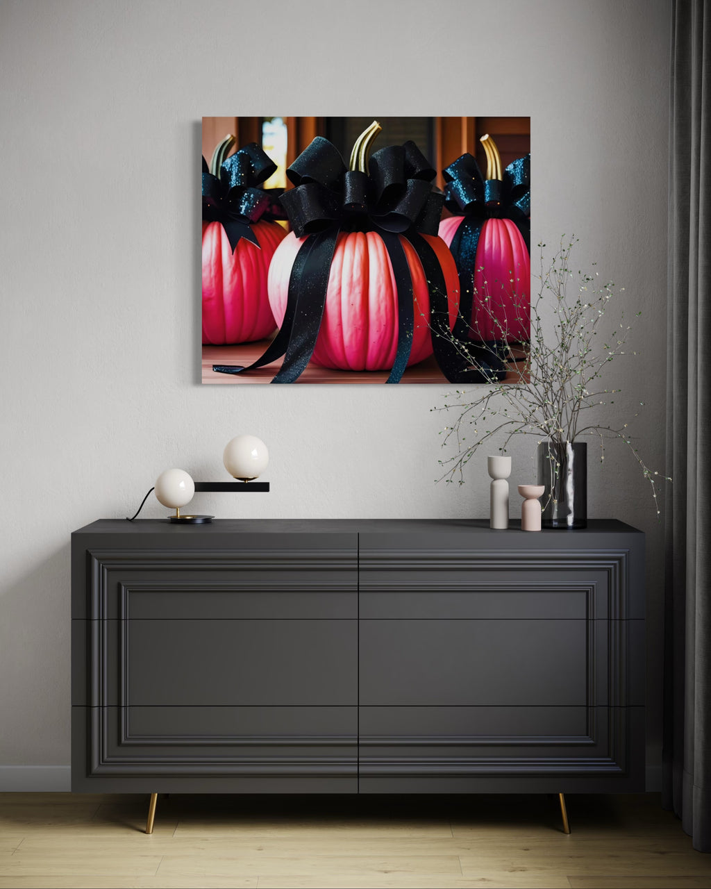 Pink Porch Pumpkins with Black Glittering and Velvet Bows