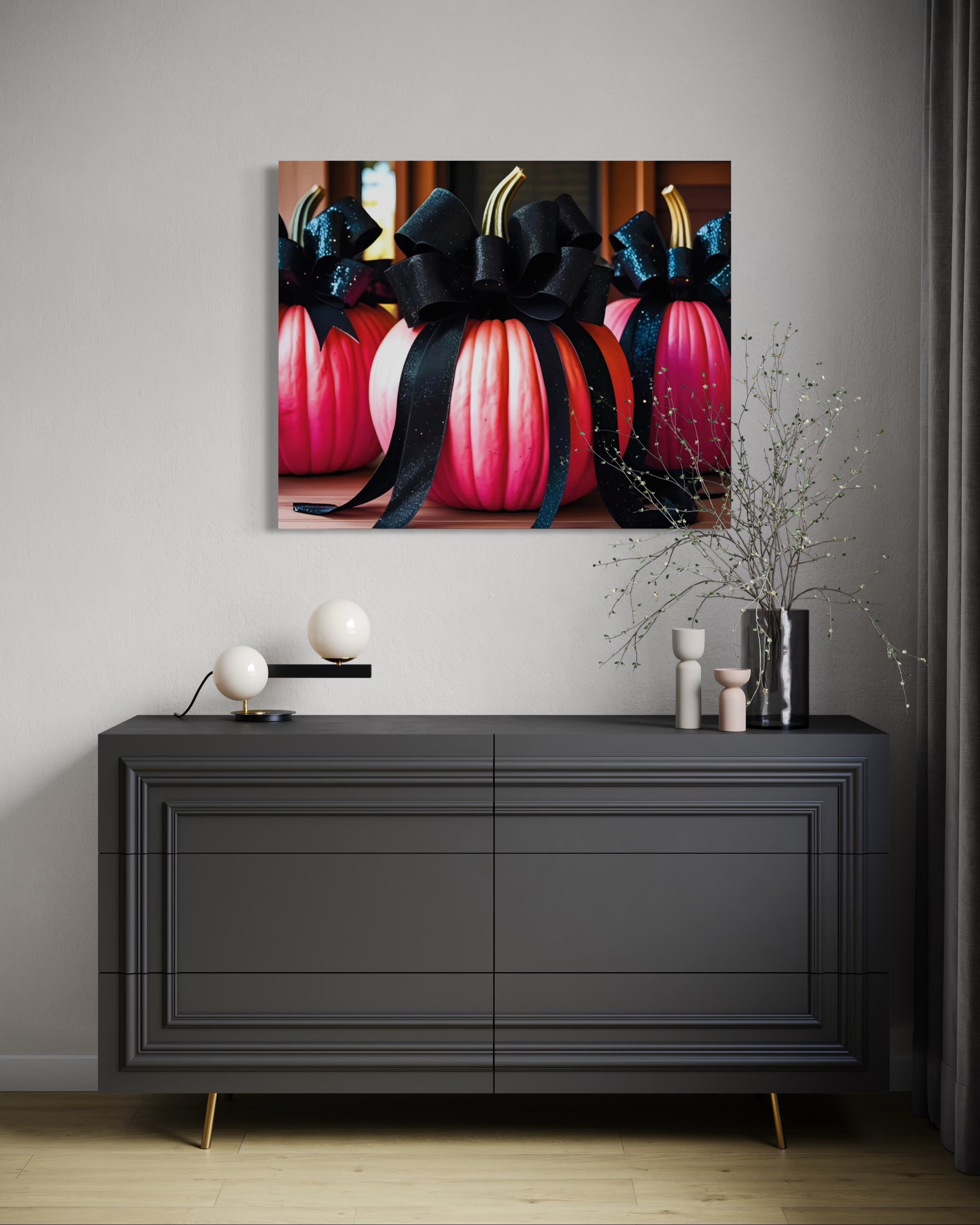 Pink Porch Pumpkins with Black Glittering and Velvet Bows