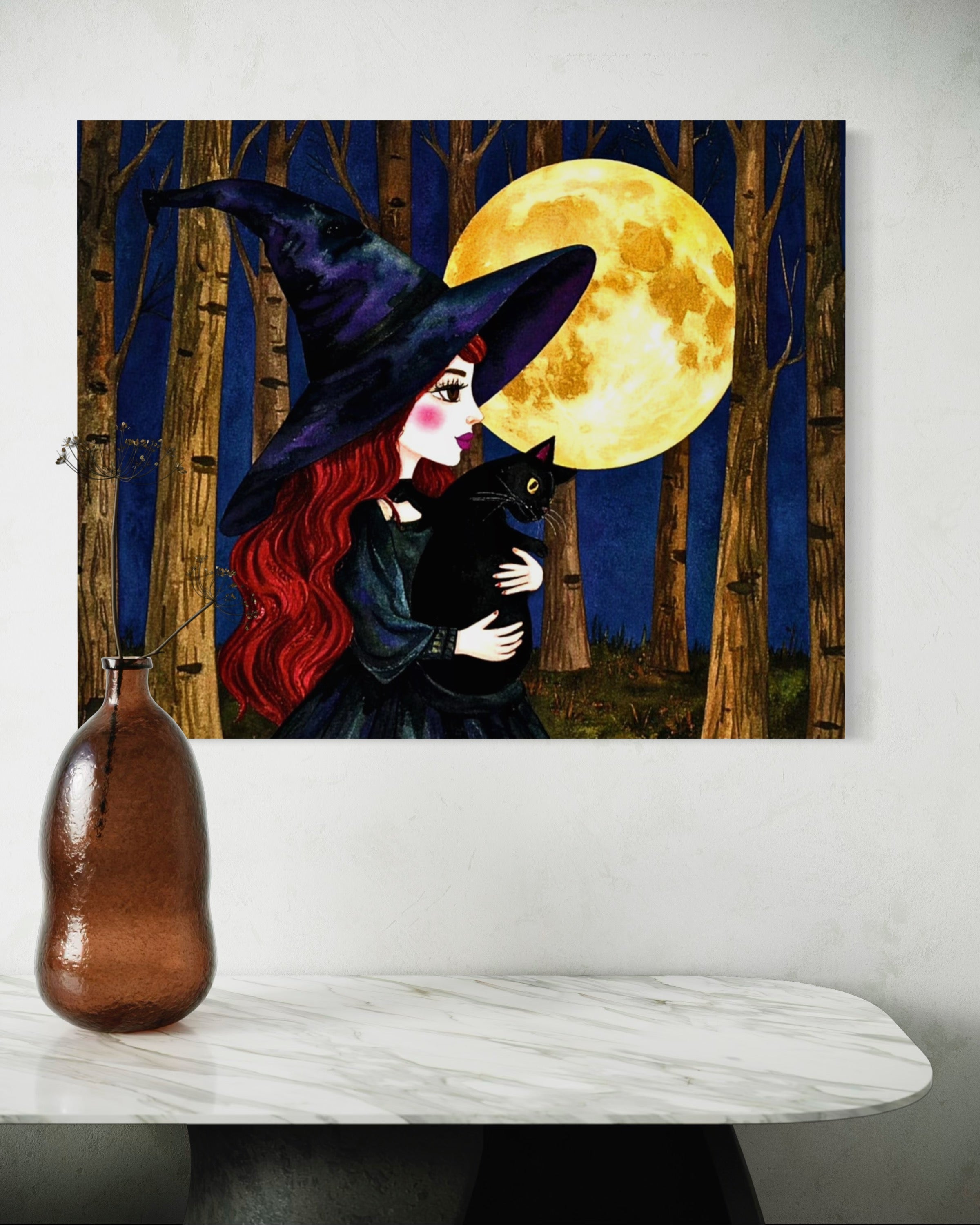 Red Witch with Cat in Moonlight