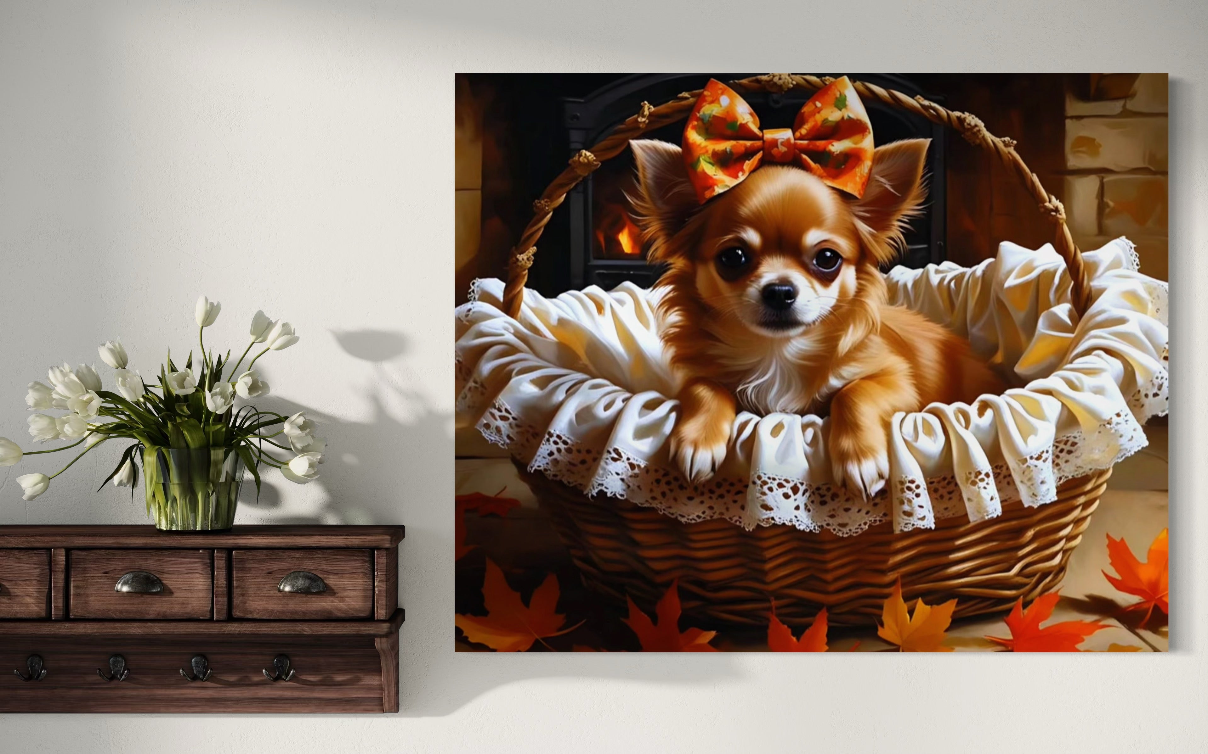 Autumn Chihuahua with Bow in Basket