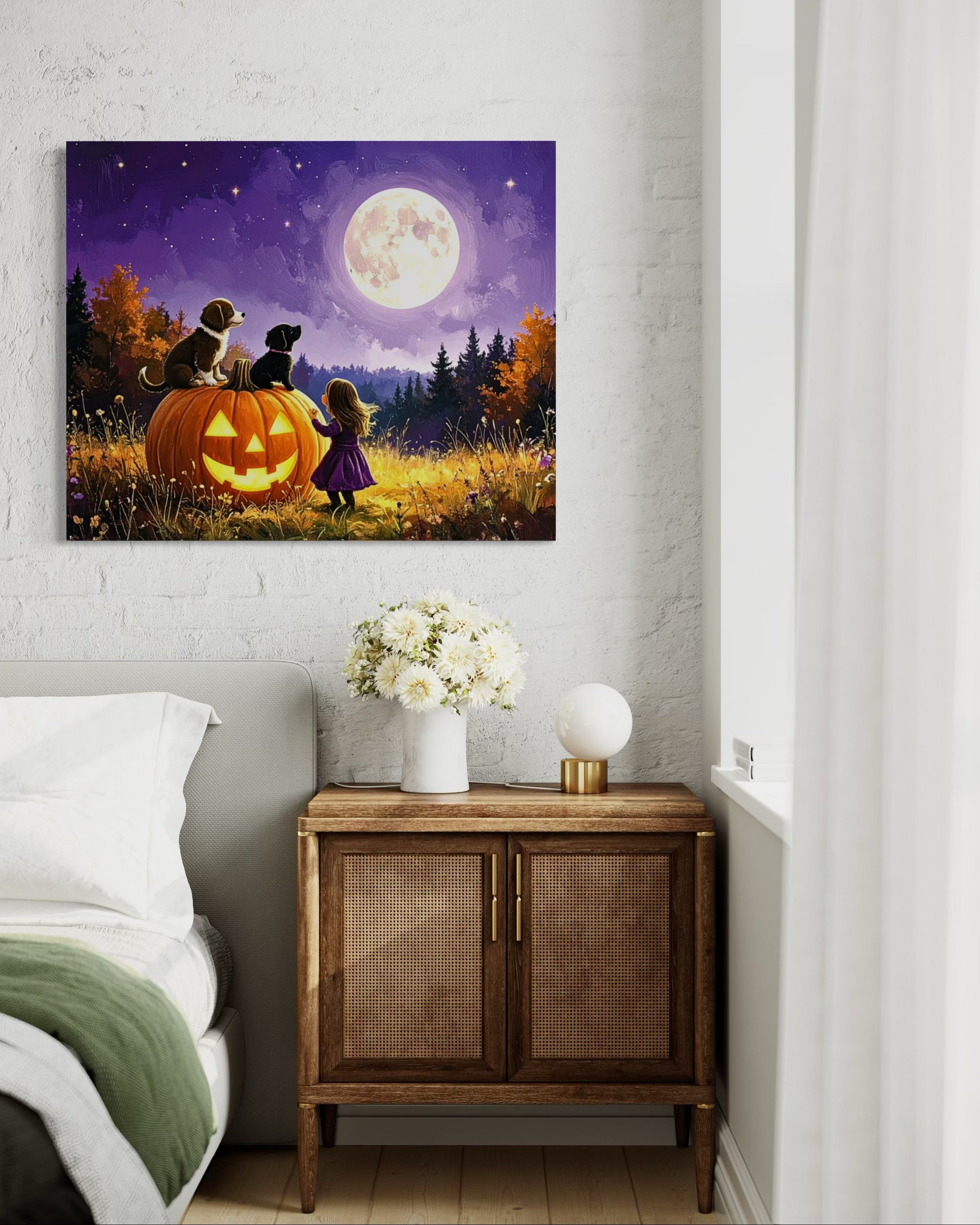 Little Girl and Puppies in the Moonlight